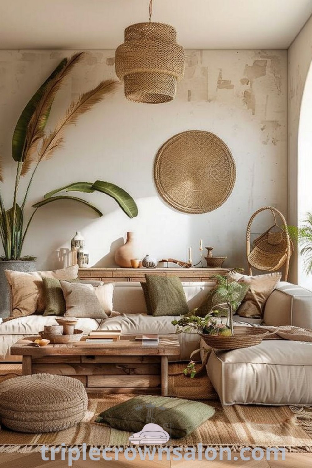 An earthy and cozy living room filled with stylish furniture and lush plants in baskets on the wall, showcasing bohemian and Japandi interior design. Explore unique ideas for your home and discover inspiring decor ideas for small spaces at triplecrownsalon.com.