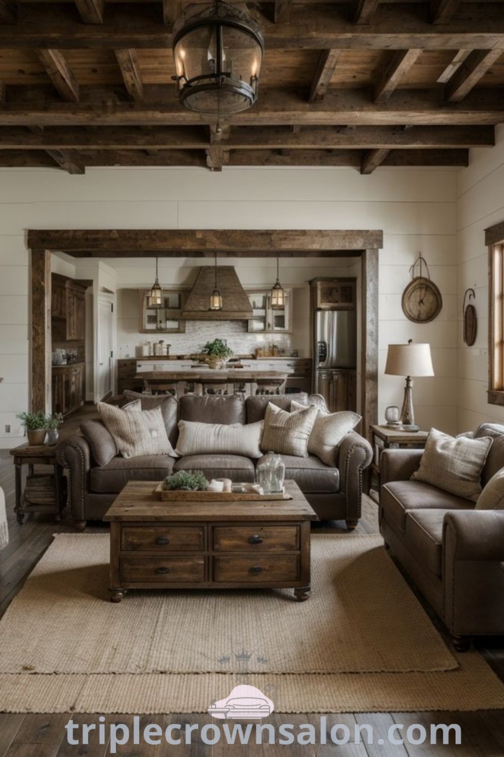 A charming rustic chic living room featuring cozy furniture, a warm fireplace, and wooden accents. The decor includes elements of stone walls and shiplap, embodying rustic Scandinavian interior design. Discover unique ideas for your home at triplecrownsalon.com.