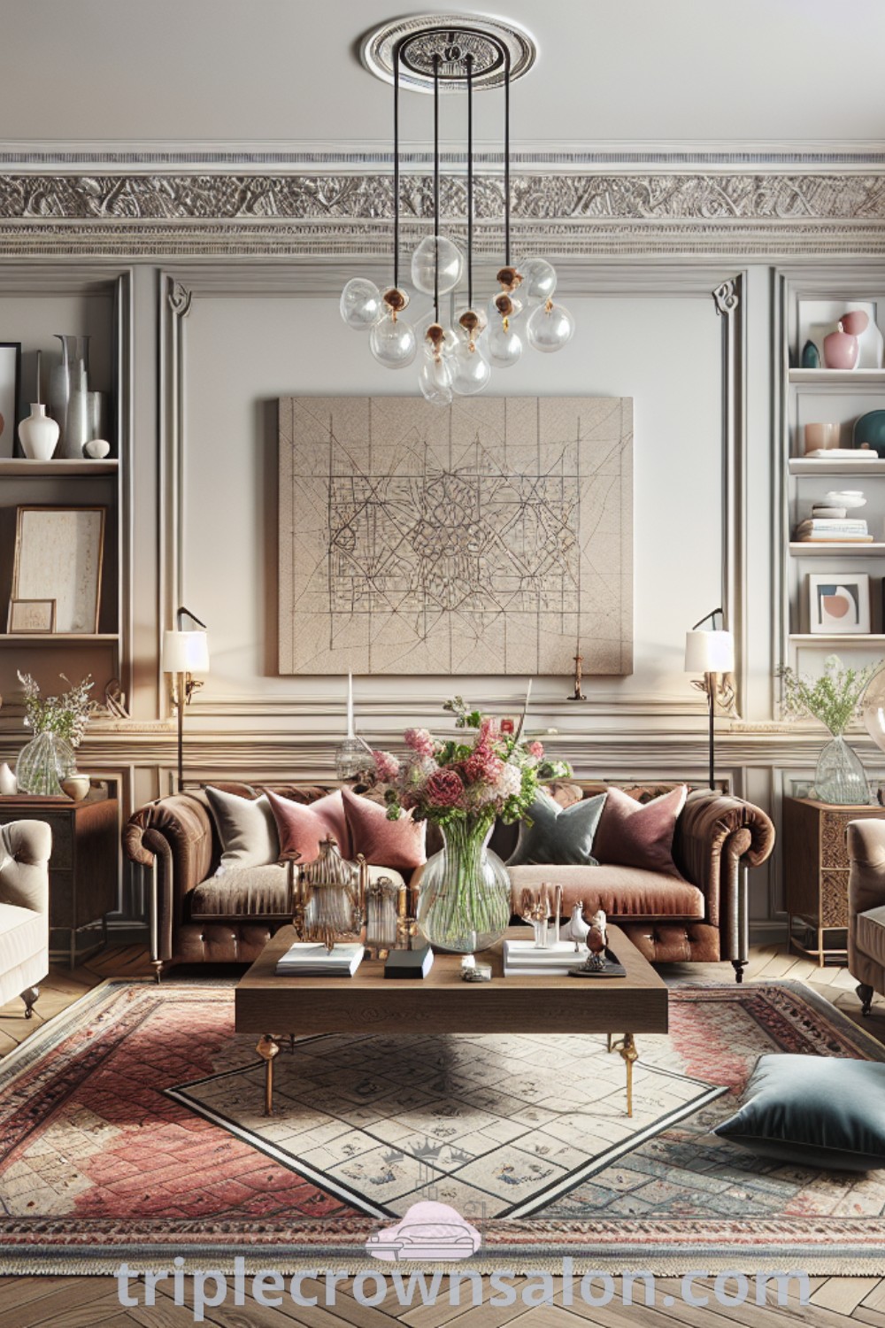 A cozy living room featuring original wall moldings, contemporary abstract artwork, geometric light fixtures, pastel cushions, and sleek shelves. This space harmoniously combines modern vintage elements and neo-classical interiors for an inspiring design. Explore unique decor ideas for your home at wellnesswink.com.