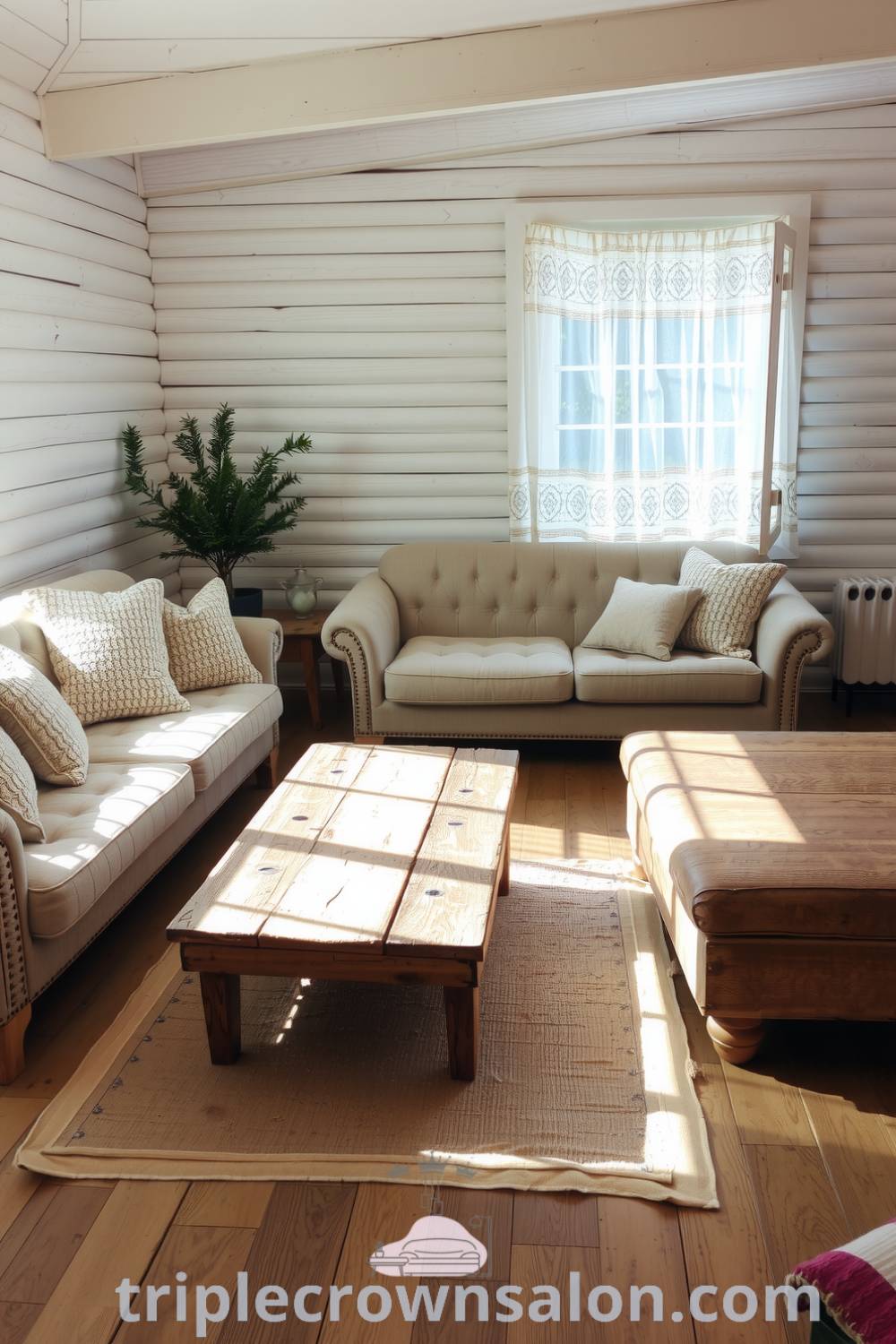 Cozy rustic living room with a large comfy sofa, weathered wood coffee table, and lace curtains, creating an inviting atmosphere filled with natural textures and sunlight, perfect for relaxation and gatherings, showcasing unique ideas for your home at fireplacesandwoodstoves.com.