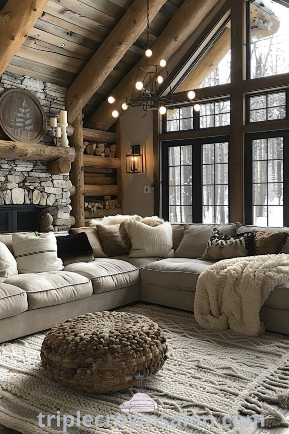 A cozy mountain living room with a large sectional couch, stone fireplace, and wooden beams creating a warm atmosphere. This decor exemplifies outdoor inspirations and mountain furniture ideas, offering unique suggestions for a cozy home. Explore more decor ideas at triplecrownsalon.com.