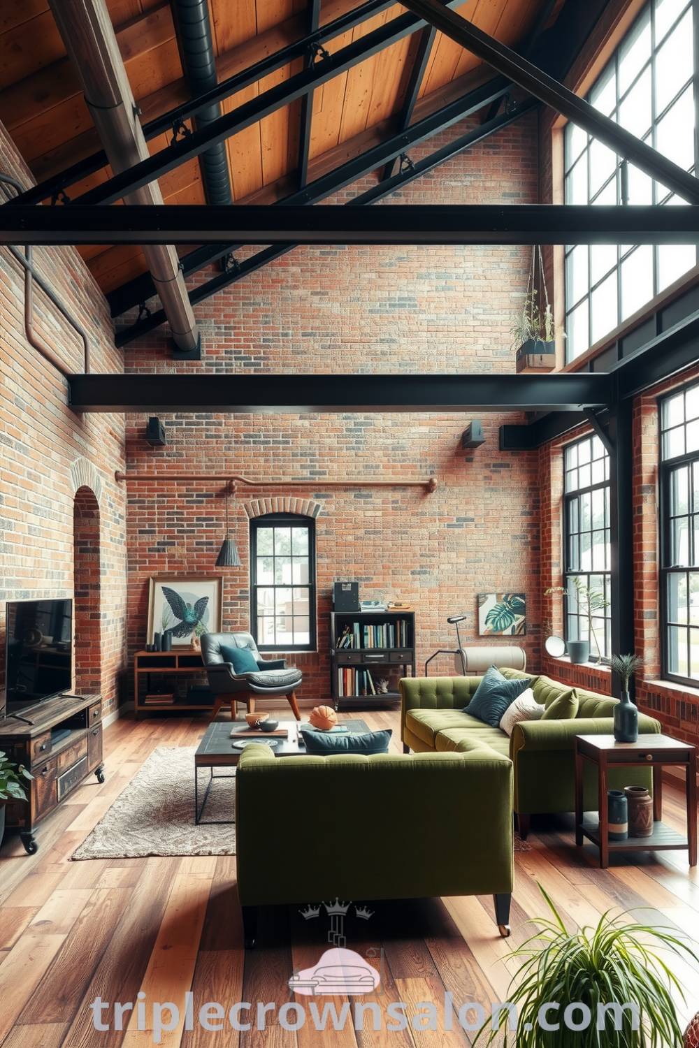Industrial living room featuring exposed brick walls, steel beams, reclaimed wood and metal furniture, a green sofa, and plants, showcasing cozy decor ideas and unique designs inspired by triplecrownsalon.com.