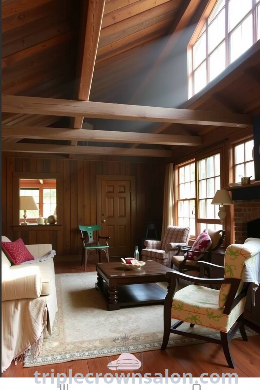 Cozy farmhouse living room with warm brown tones, weathered wooden beams, plush rug, mismatched chairs, and sunlight pouring through multi-paned windows, creating a welcoming atmosphere perfect for relaxation. See more cozy ideas at triplecrownsalon.com.