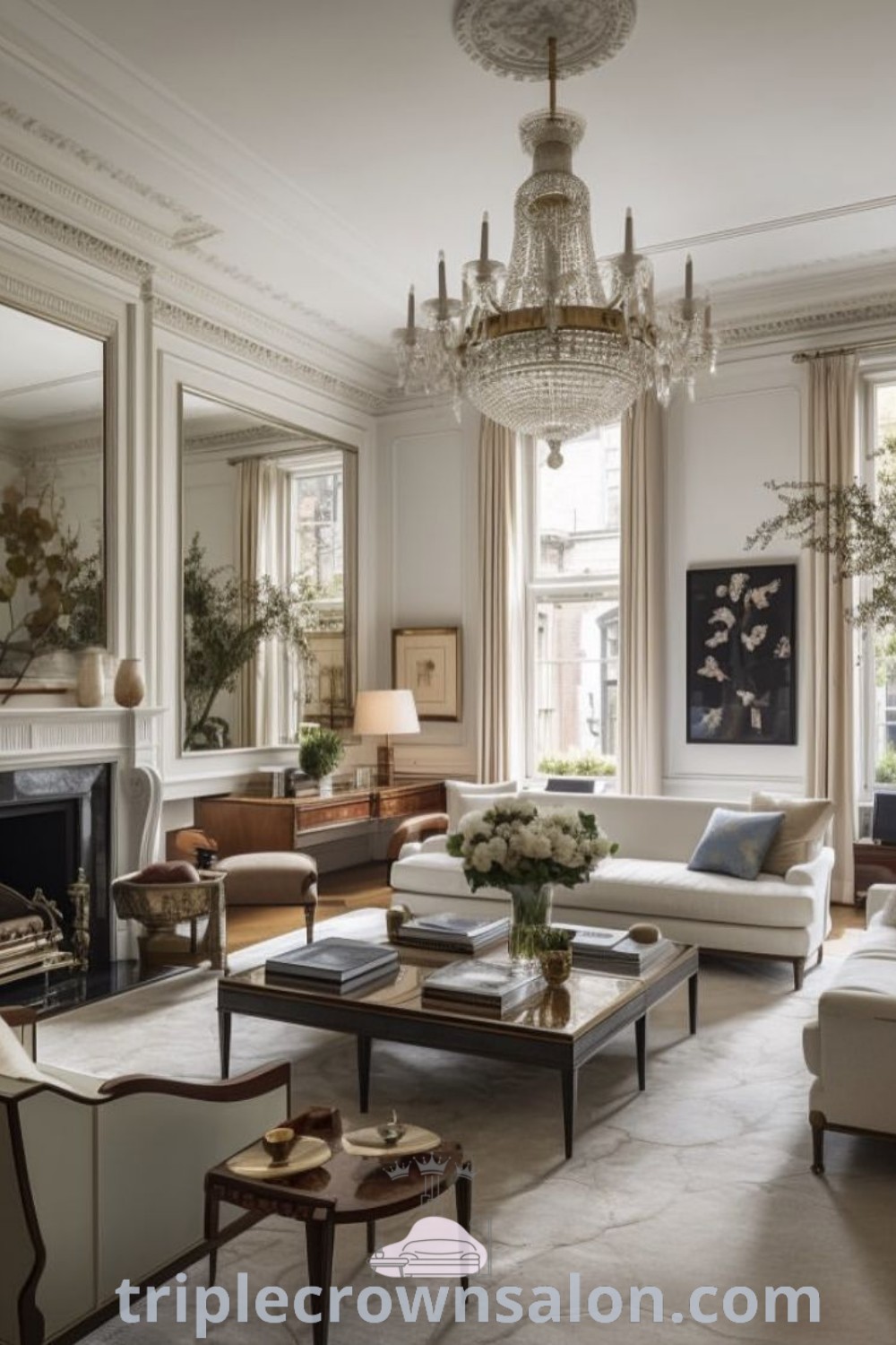 A chic Parisian living room filled with stylish furniture, a cozy fireplace, and elegant decor ideas. This space blends warm and inviting elements, showcasing unique ideas for decorating an apartment or house. Explore more inspiring designs at triplecrownsalon.com.