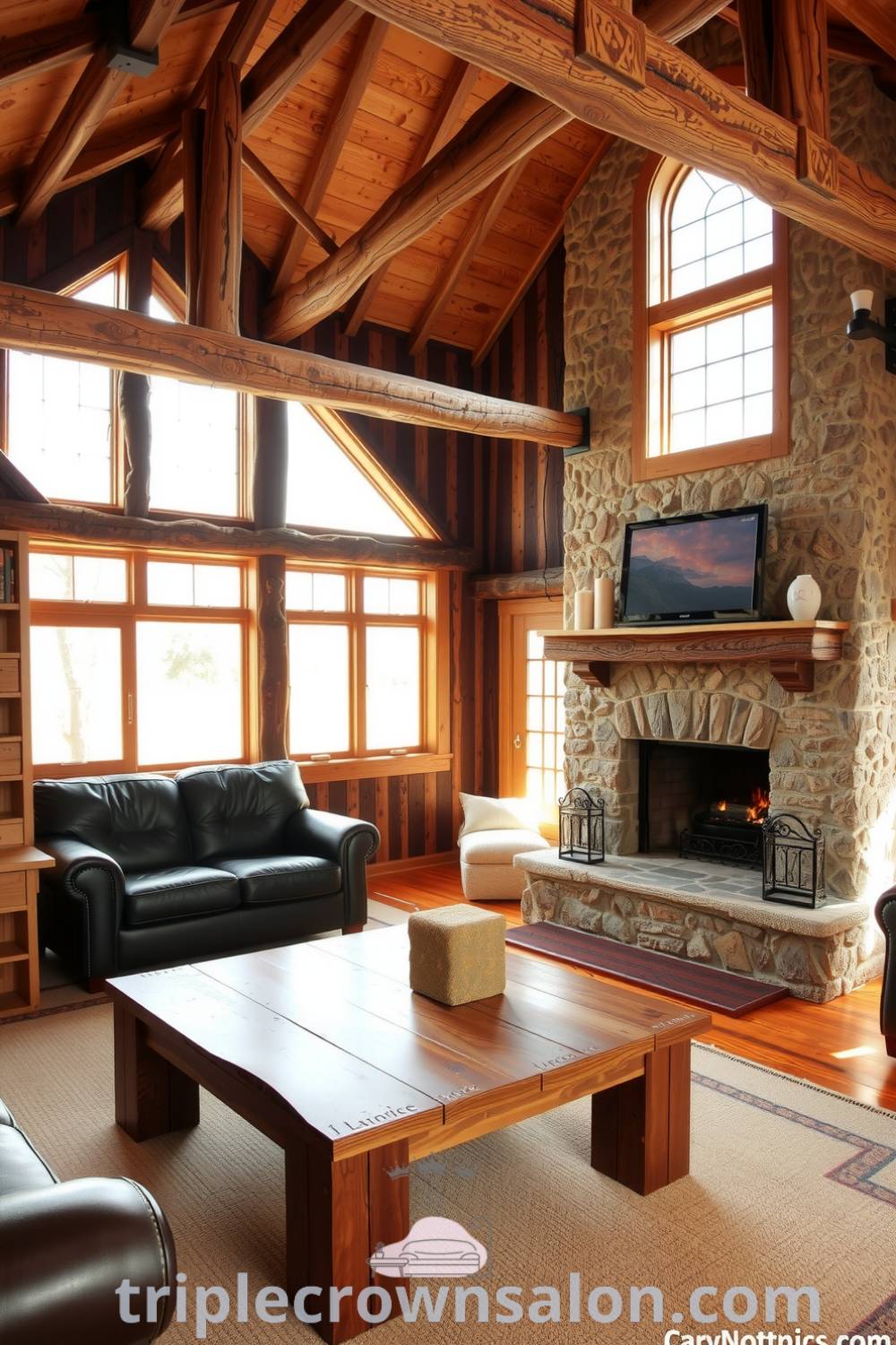 Rustic living room bathed in natural light with exposed wooden beams, a cozy black leather sofa, a reclaimed wood coffee table, and a textured stone fireplace, creating warm decor inspirations for your home. Visit fireplacesandwoodstoves.com for unique ideas.