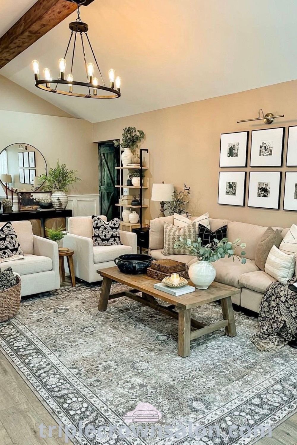 A cozy living room featuring clean neutral farmhouse decor, inviting furniture, and unique country living room designs. This space offers decor ideas and inspirations for a relaxing, stylish home. Discover more design tips at triplecrownsalon.com.