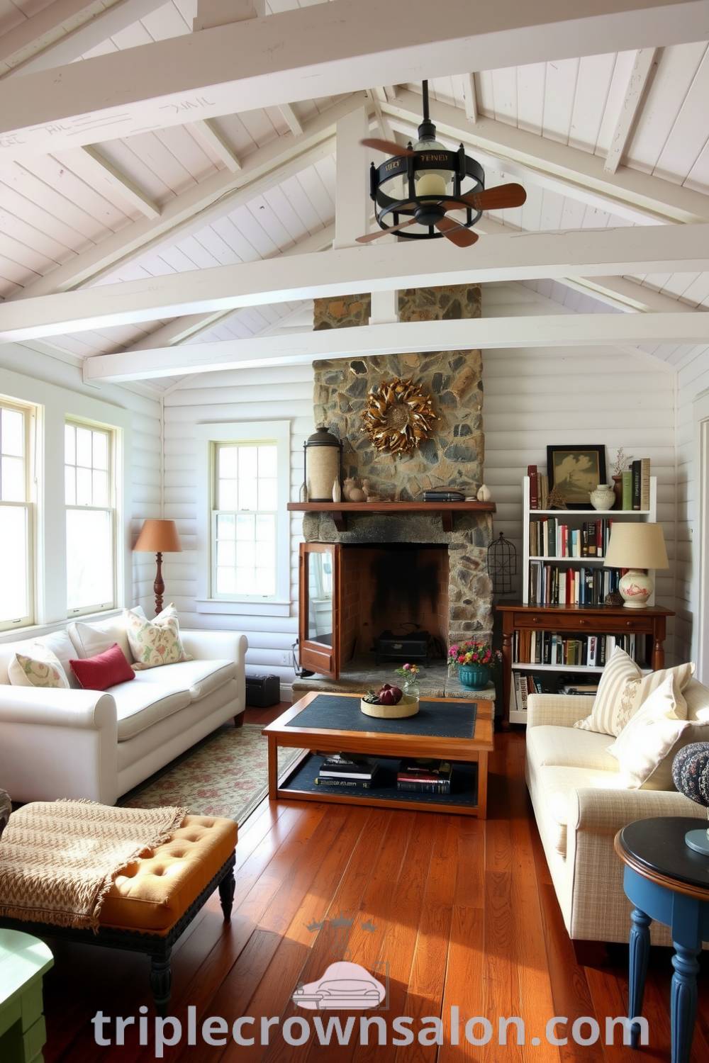 Cozy farmhouse living room featuring wooden floors, exposed beams, mismatched cushions, a stone fireplace, and shelves of well-loved books, offering decor ideas for a warm and inviting home. Visit triplecrownsalon.com for more inspiring design ideas.