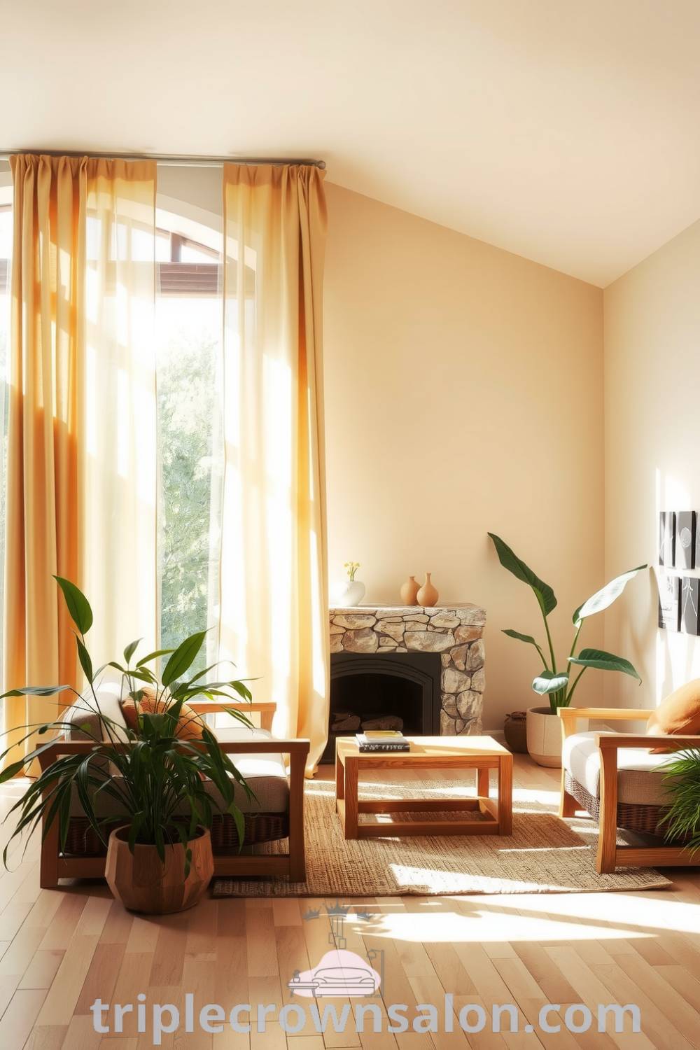 Cozy nature-inspired living room with sunlight filtering through leaf-patterned curtains, soft beige walls, natural wood furniture, potted plants, and a stone fireplace, showcasing cozy ideas and design inspirations for your home on triplecrownsalon.com.