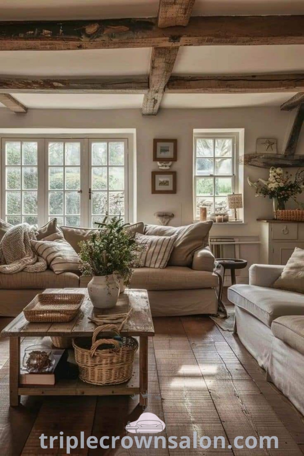 A cozy modern cottage living room with couches, a wooden coffee table, and large windows, highlighting a blend of rustic and contemporary design. This space offers inspiration for decorating with comfort and style, incorporating ideas for your home from triplecrownsalon.com.
