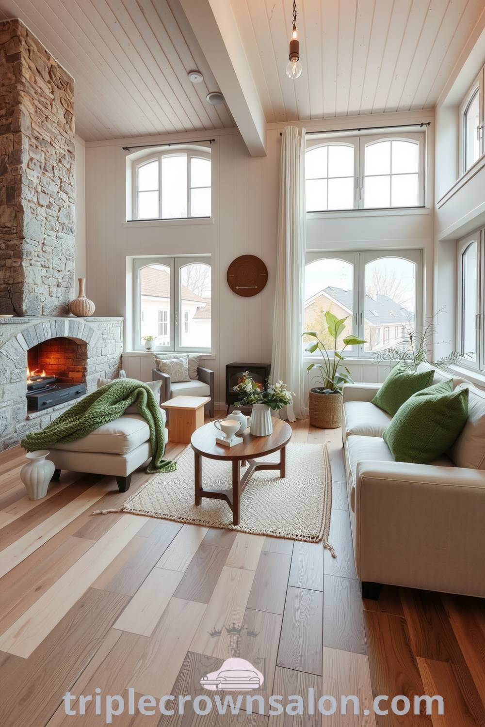Cozy Scandinavian living room featuring soft green accents, light wood decor, a cozy sofa with knitted throws, a warm fireplace, large windows, handwoven rug, and indoor plants, providing inspiring decor ideas for a cozy home at triplecrownsalon.com.