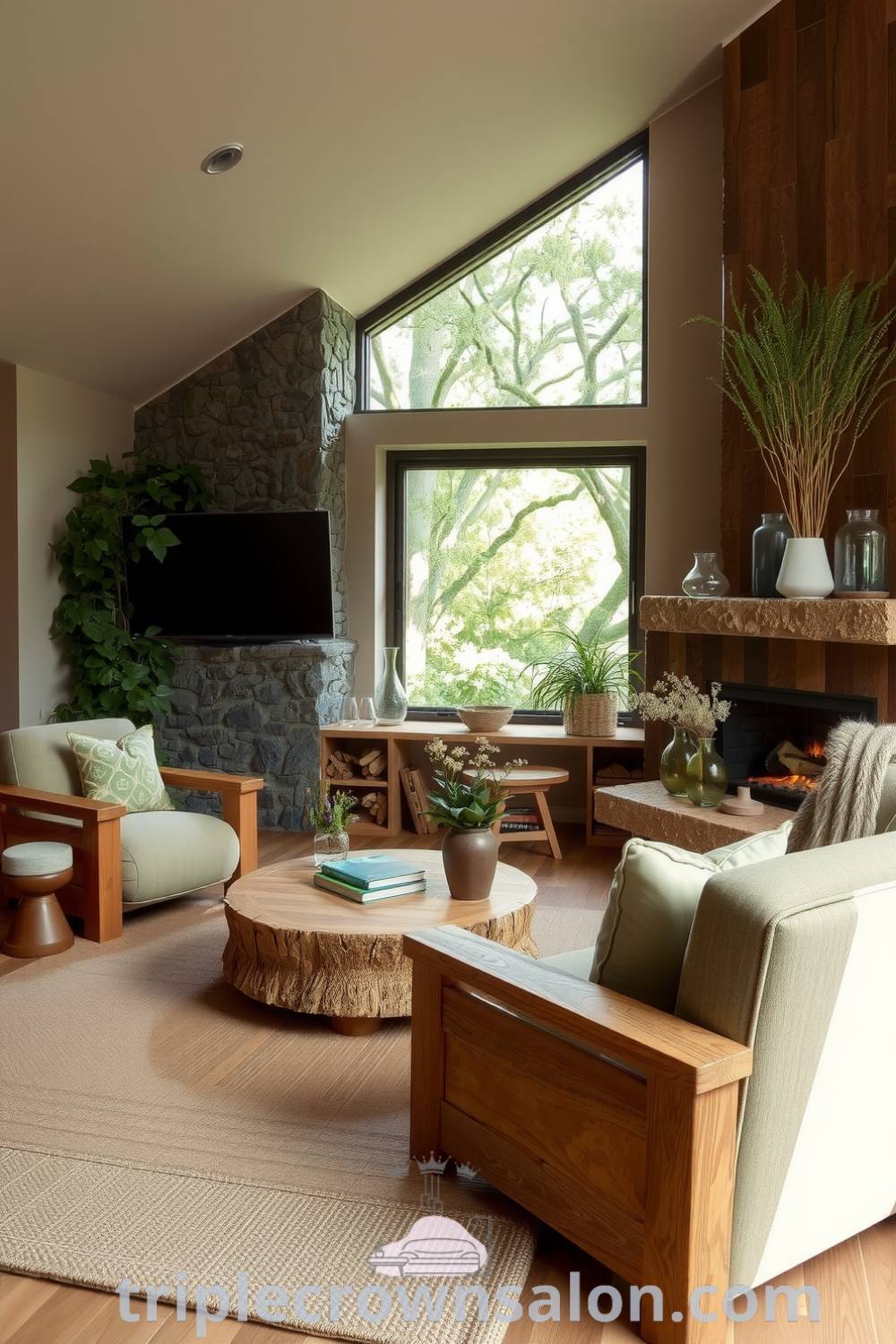 Cozy nature-inspired living room with earthy greens and browns, natural wood furniture, a stone fireplace, potted plants, and wildflower arrangements, showcasing cozy ideas and design inspirations for a warm retreat at triplecrownsalon.com.