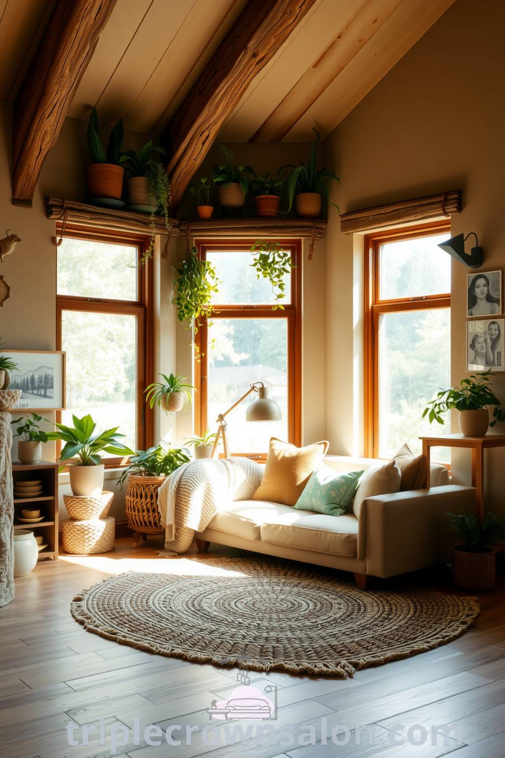 Nature-inspired living room with earthy color palette, potted plants on wooden shelves, cozy sofa, handwoven rug, and stone accent walls, creating a tranquil and inviting atmosphere for relaxation. Visit triplecrownsalon.com for more cozy home decor ideas and inspirations.