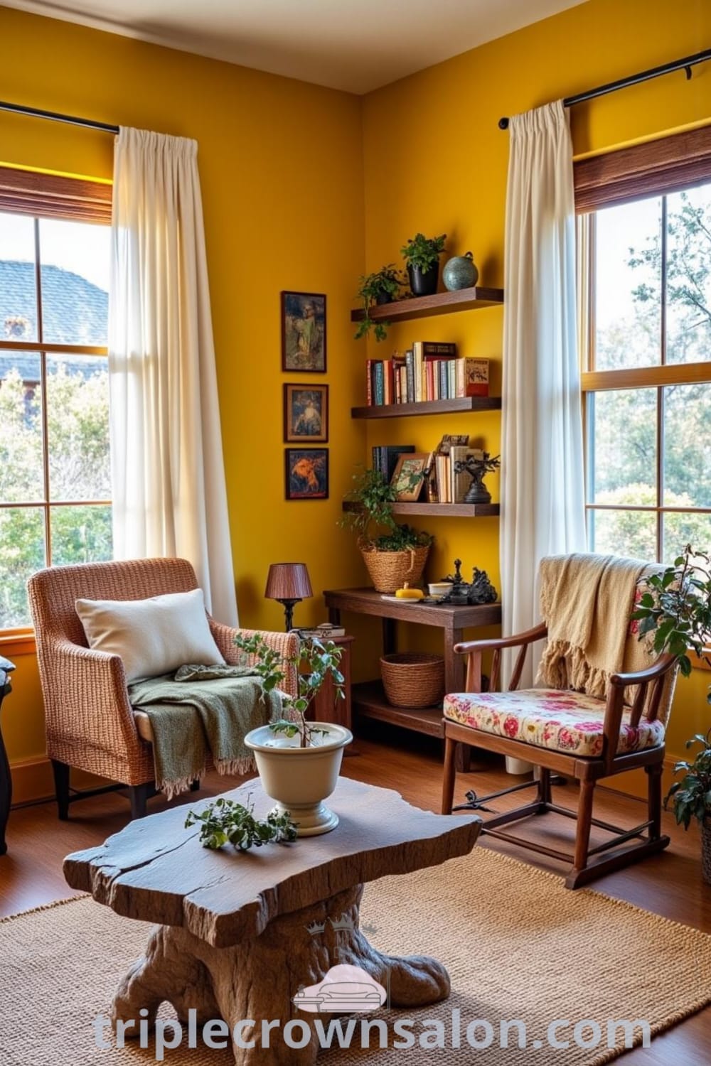 Cozy living room with warm yellow walls, mismatched furniture, a gnarled wooden coffee table, and soft textures from cozy throws, alongside shelves filled with books, exemplifying inspiring decor ideas and unique inspirations for your home, featured on fireplacesandwoodstoves.com.