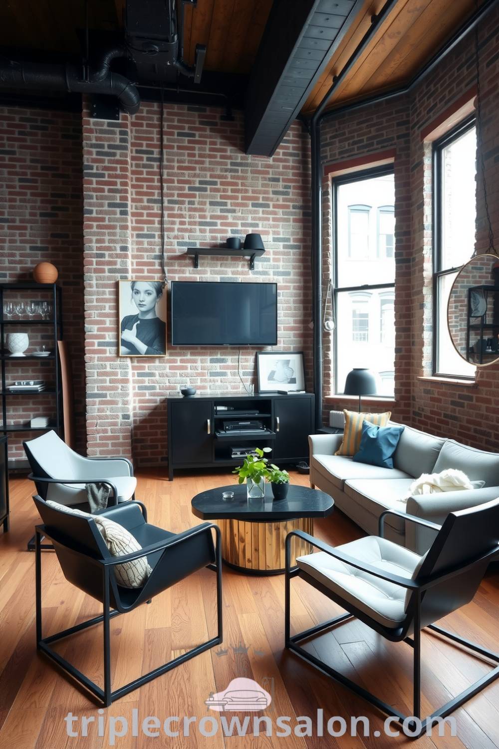 Industrial living room featuring exposed brick walls, black metal furniture, a soft oversized sofa, large windows for natural light, and eclectic decorations, creating a cozy aesthetic with inspiring decor ideas for small spaces at triplecrownsalon.com.