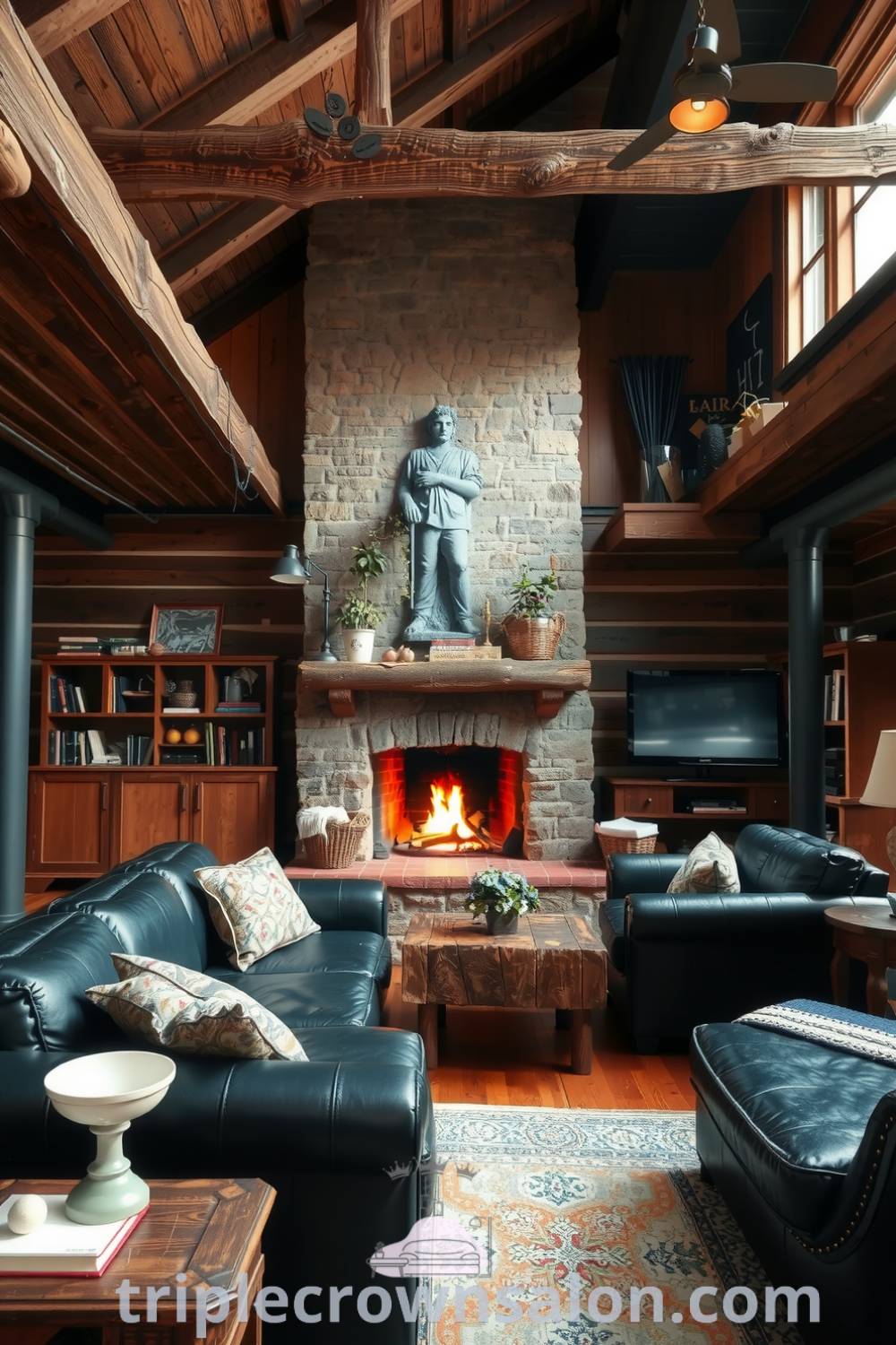 Rustic living room featuring weathered wooden beams, rough-hewn stone fireplace, and black leather sofas, creating a cozy atmosphere perfect for relaxation, with decor inspirations showcasing aged wood and unique ideas for a warm home environment, as seen on fireplacesandwoodstoves.com.