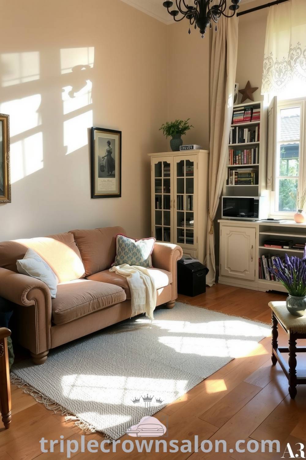 Cozy living room featuring soft beige walls, vintage artwork, a worn velvet sofa, a reading nook, a weathered bookshelf filled with novels, and a fresh lavender vase, providing inspiring decor ideas for your home at triplecrownsalon.com.