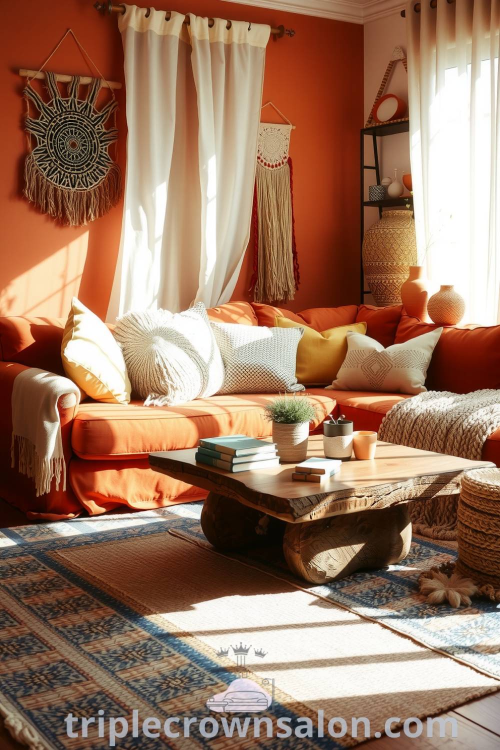Cozy boho living room featuring warm orange tones, oversized couch with textured pillows, natural wood coffee table, and eclectic decor including woven wall hangings and terracotta pots, showcasing cozy ideas and inspiring designs for your home at fireplacesandwoodstoves.com.