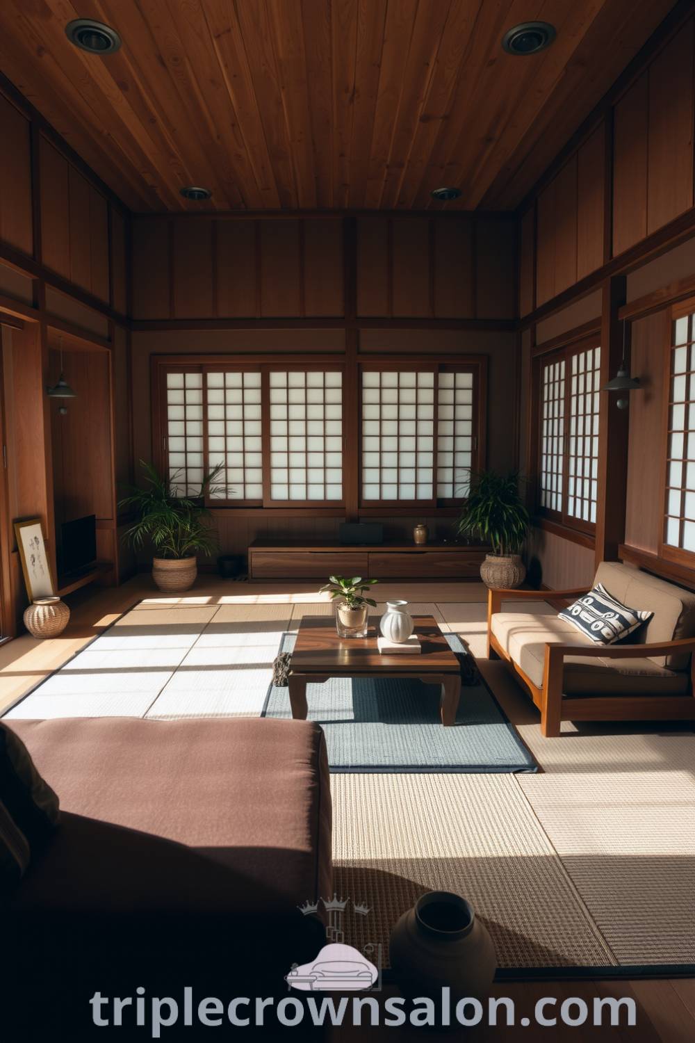 Serene Japanese-inspired living room with warm brown tones, natural wood furniture, tatami mats, and potted greenery, creating a cozy and inviting atmosphere, perfect for relaxation and design ideas for your home. Visit triplecrownsalon.com for more décor inspirations.