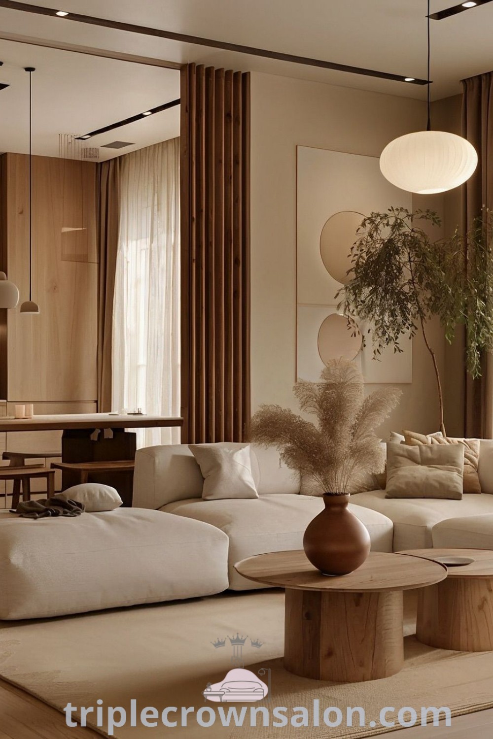 A modern Wabi Sabi living room filled with furniture, a dining table, and curtains. This cozy home decor reflects Japandi style, showcasing unique design ideas and inspirations. Discover more at triplecrownsalon.com.