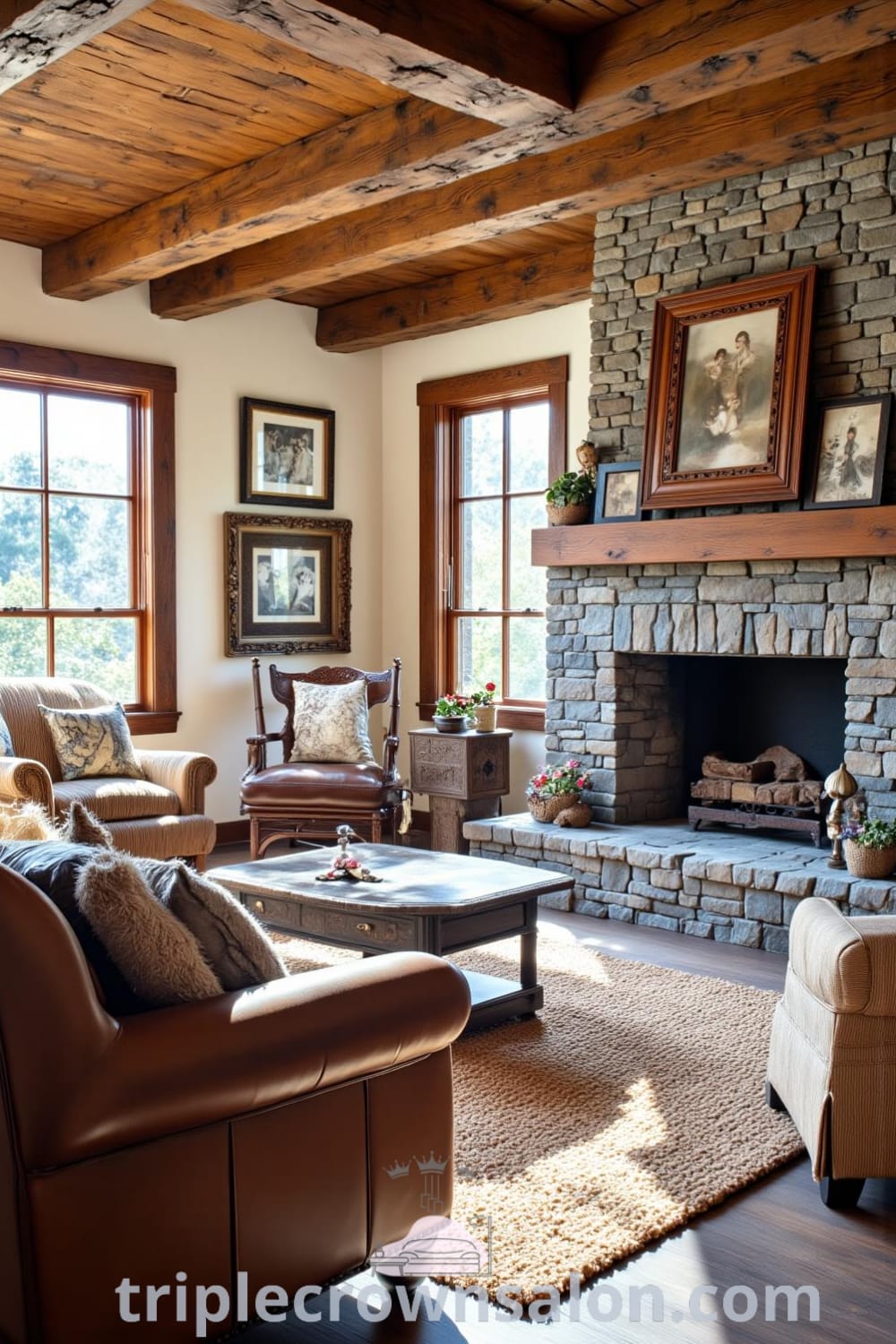 Rustic living room with wooden beams, stone fireplace, distressed leather couch, mismatched armchairs, and family photos, creating a cozy home atmosphere with inviting decor ideas for relaxing spaces, as seen on fireplacesandwoodstoves.com.