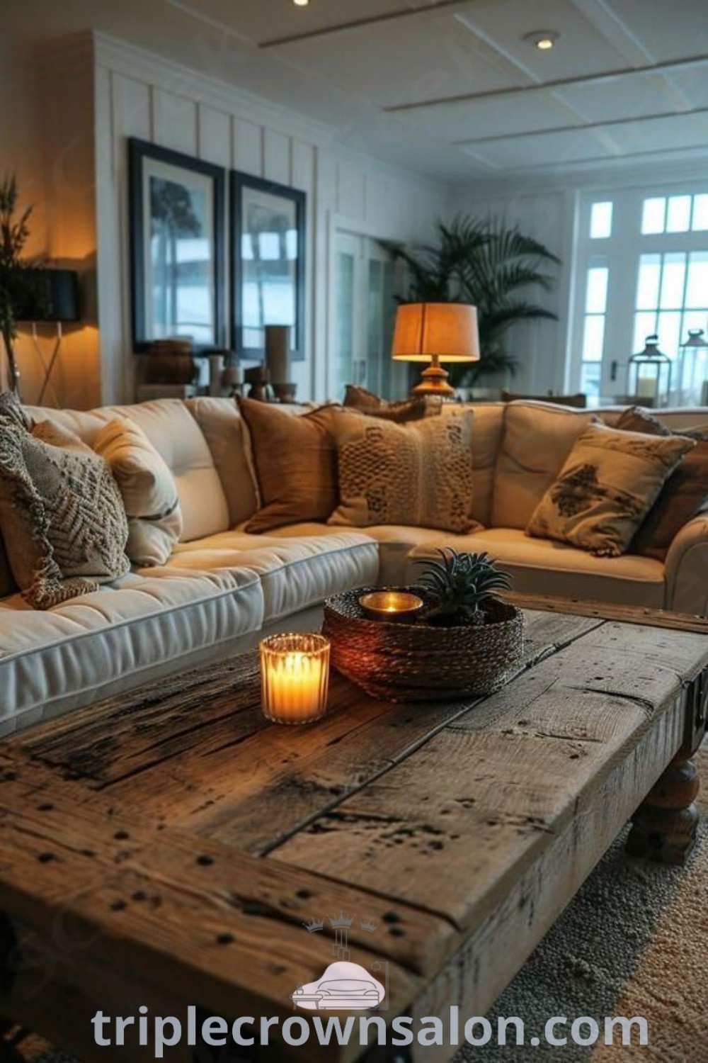 A cozy living room filled with tasteful furniture and candles on a wooden table, showcasing beautiful small homes interior design ideas. This scene reflects modern rustic farmhouse decor inspirations, perfect for small spaces. Explore more cozy ideas at triplecrownsalon.com.
