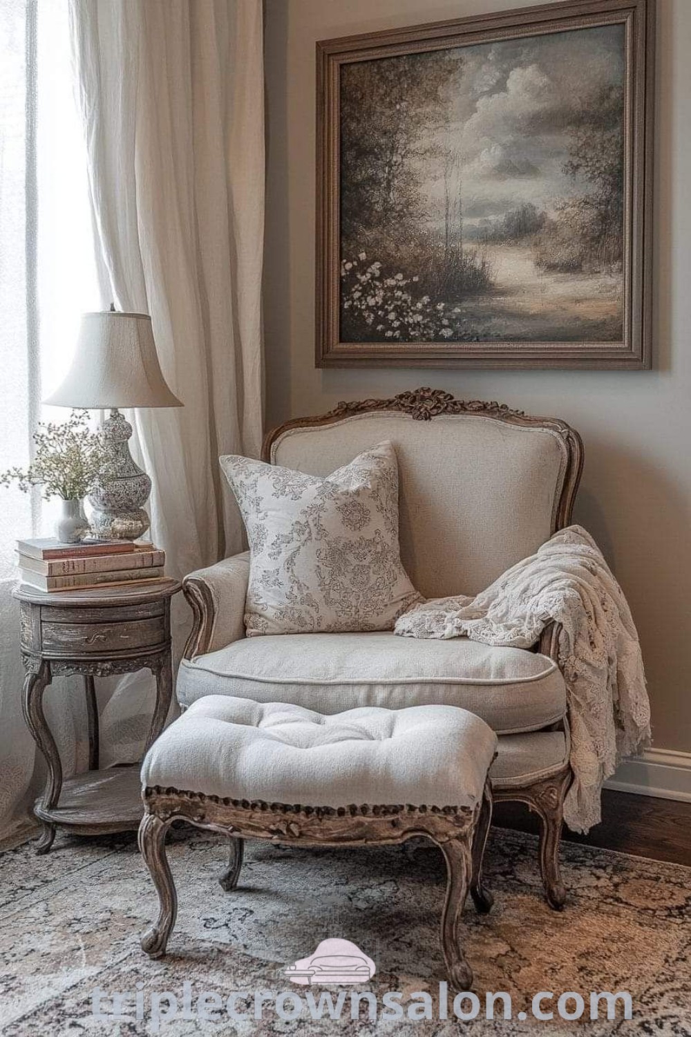 A cozy chair and ottoman set in front of a window, showcasing French Country Decor style with a distressed finish. This inviting seating arrangement offers unique ideas for your home, making it the perfect element for a cozy living room. For more decor inspirations, visit triplecrownsalon.com.