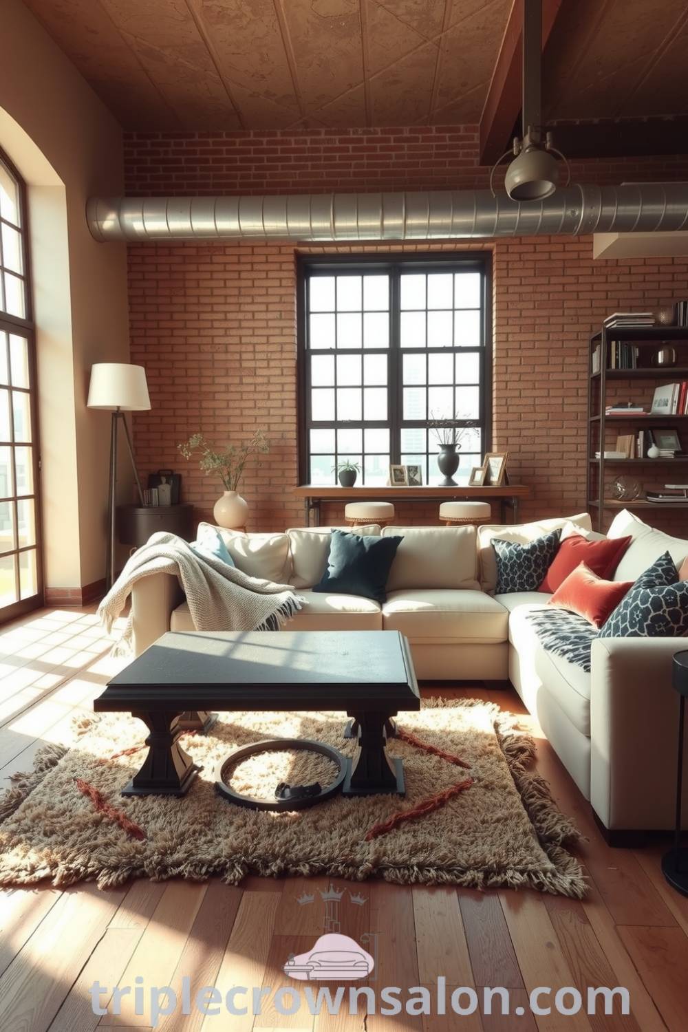 Cozy industrial living room with beige walls, exposed brick, an old metal coffee table on a plush rug, large windows, vintage metal accents, and a well-loved sofa, offering inspiring decor ideas for creating a cozy home at triplecrownsalon.com.