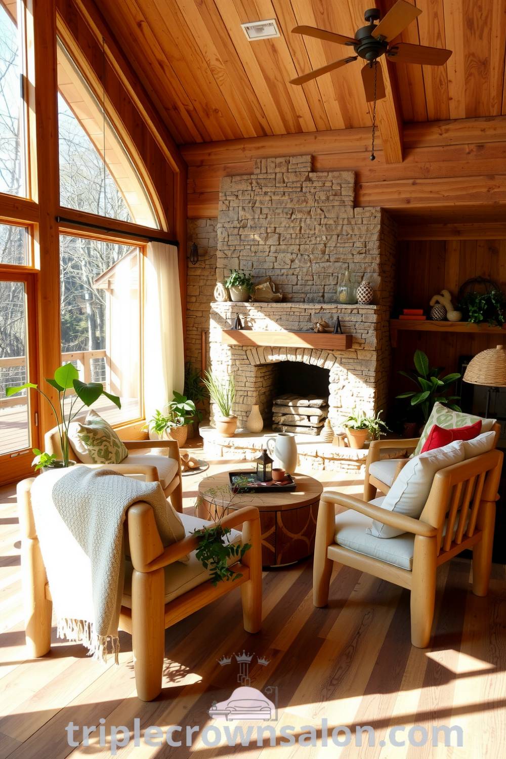 Nature-inspired living room featuring earthy tones, natural wood accents, potted plants, textured stone fireplace, and handmade furniture. Inspiring decor ideas for a cozy home retreat at triplecrownsalon.com.