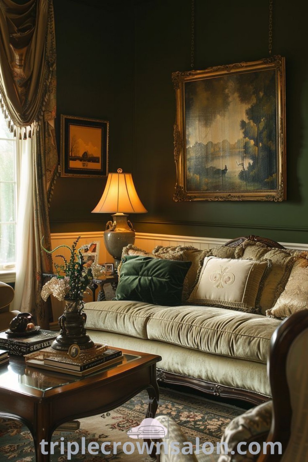 A cozy living room featuring a green wall, vintage aesthetic furniture, and a painting above the windows, showcasing design ideas for a welcoming space. Explore more unique decor ideas at triplecrownsalon.com.