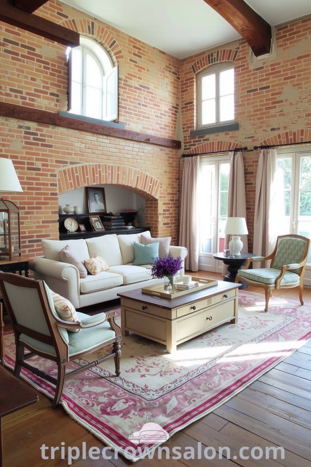 Cozy French living room featuring soft pastel colors, rustic exposed brick walls, a cream and beige overstuffed sofa, mismatched armchairs, and a weathered wooden coffee table, enhanced by natural light and a hint of lavender, from triplecrownsalon.com.