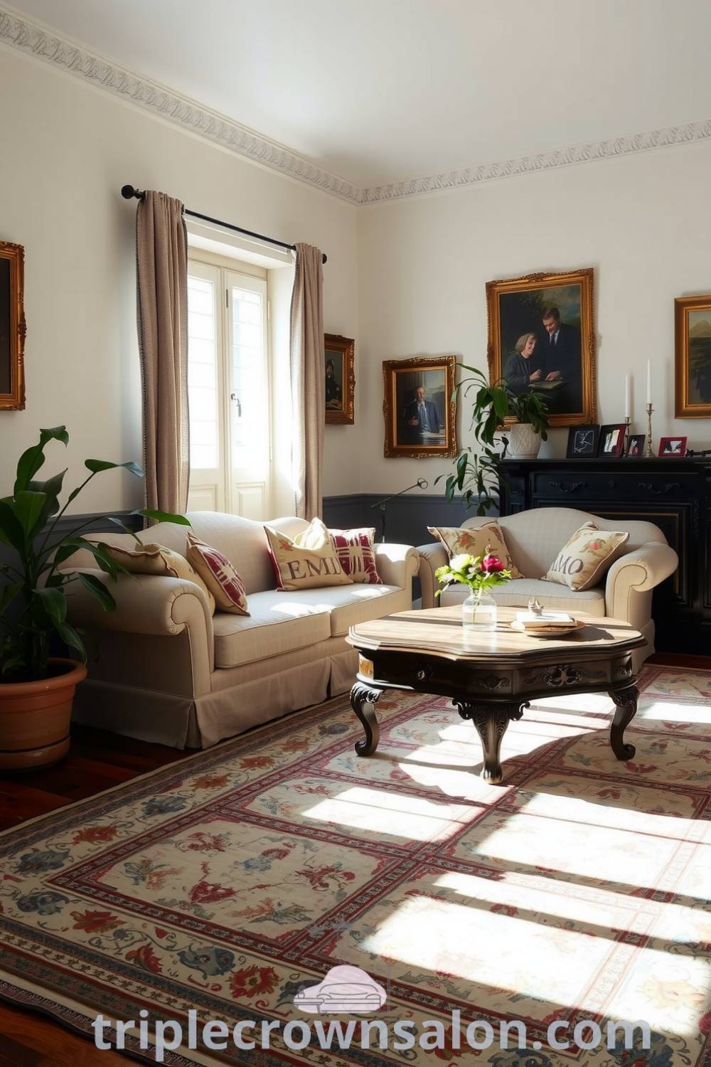 Cozy French living room with soft cream walls, vintage floral sofa, rustic wooden coffee table, sunlight filtering through sheer curtains, and potted plants, showcasing cozy ideas and decor inspirations for warm, inviting home design at triplecrownsalon.com.