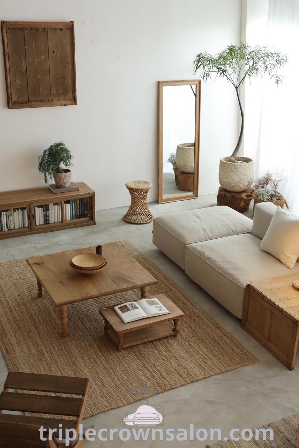 A beautifully styled Japanese living room showcasing rustic furniture, cosy minimalism, and serene decor that inspires tranquility. Discover unique ideas and decor inspirations for your house or apartment at triplecrownsalon.com.