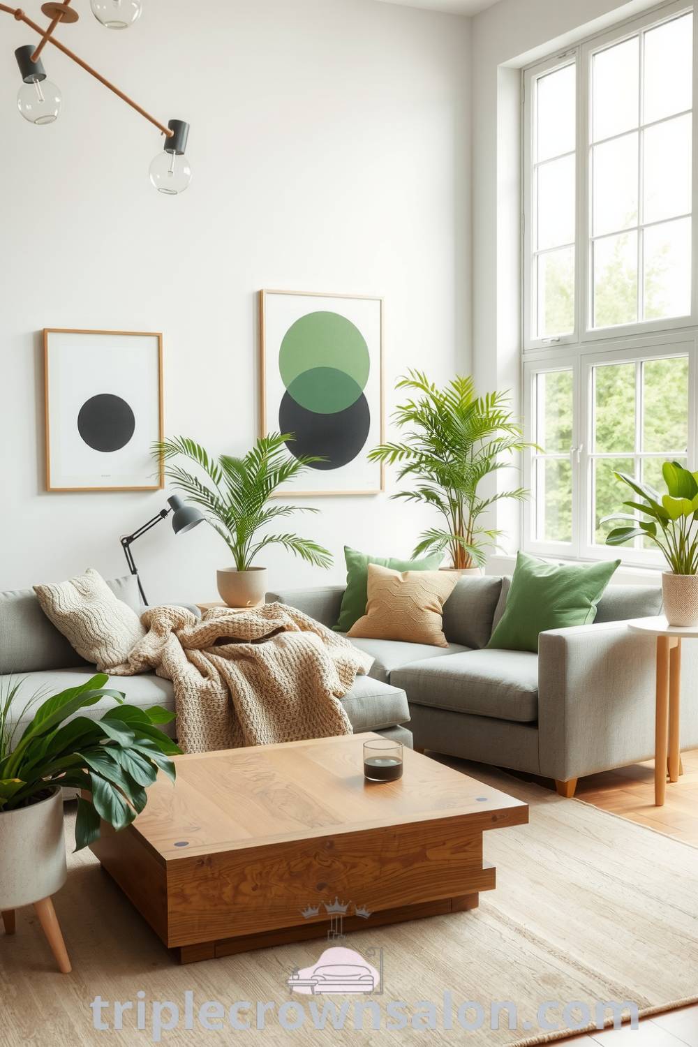 Scandinavian living room featuring soothing shades of green, natural light, neutral-toned furniture, minimalistic art, cozy textures, potted plants, and design ideas from triplecrownsalon.com, showcasing cozy aesthetics and inspirations for decorating a serene home space.