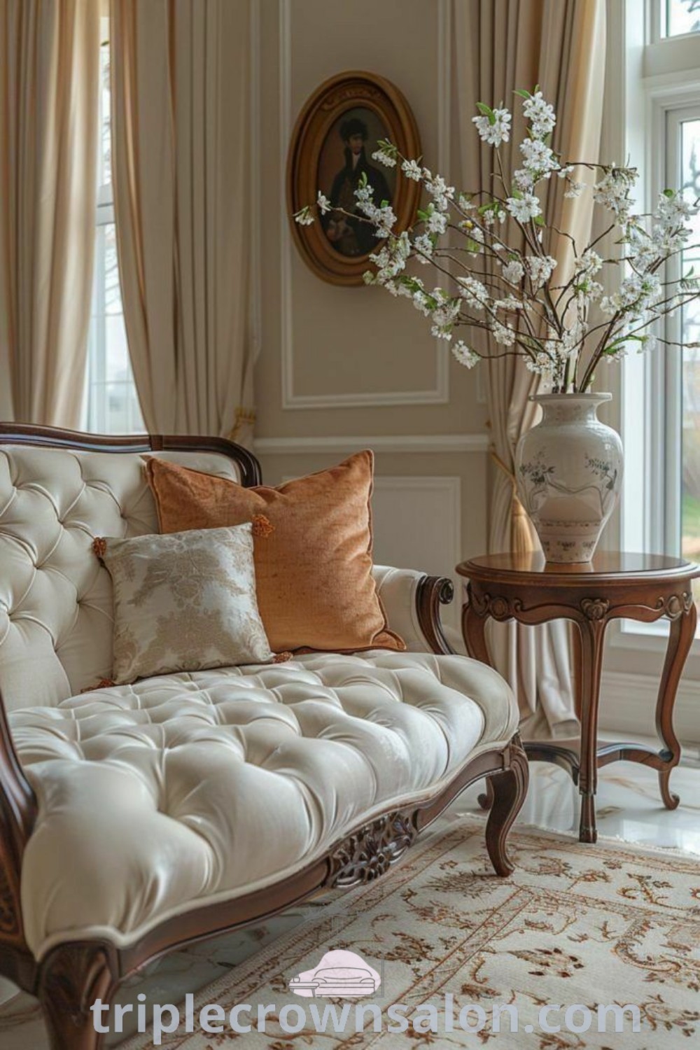 A cozy mint green living room featuring elegant furniture and flowers in vases on the windowsill, showcasing timeless design ideas and end table decor inspirations. This setting reflects old money interior aesthetics, creating an inviting atmosphere that enhances wellnesswink.com.