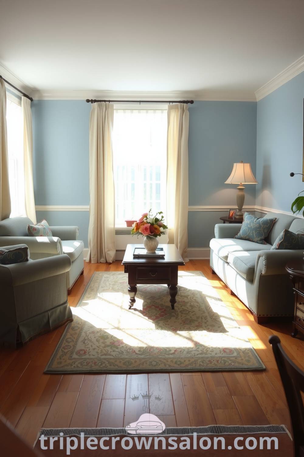 Cozy living room adorned with soft blue tones, deep armchairs, a weathered coffee table, and a plush area rug, showcasing decor ideas for comfort and style, and inspiring cozy home environments on fireplacesandwoodstoves.com.