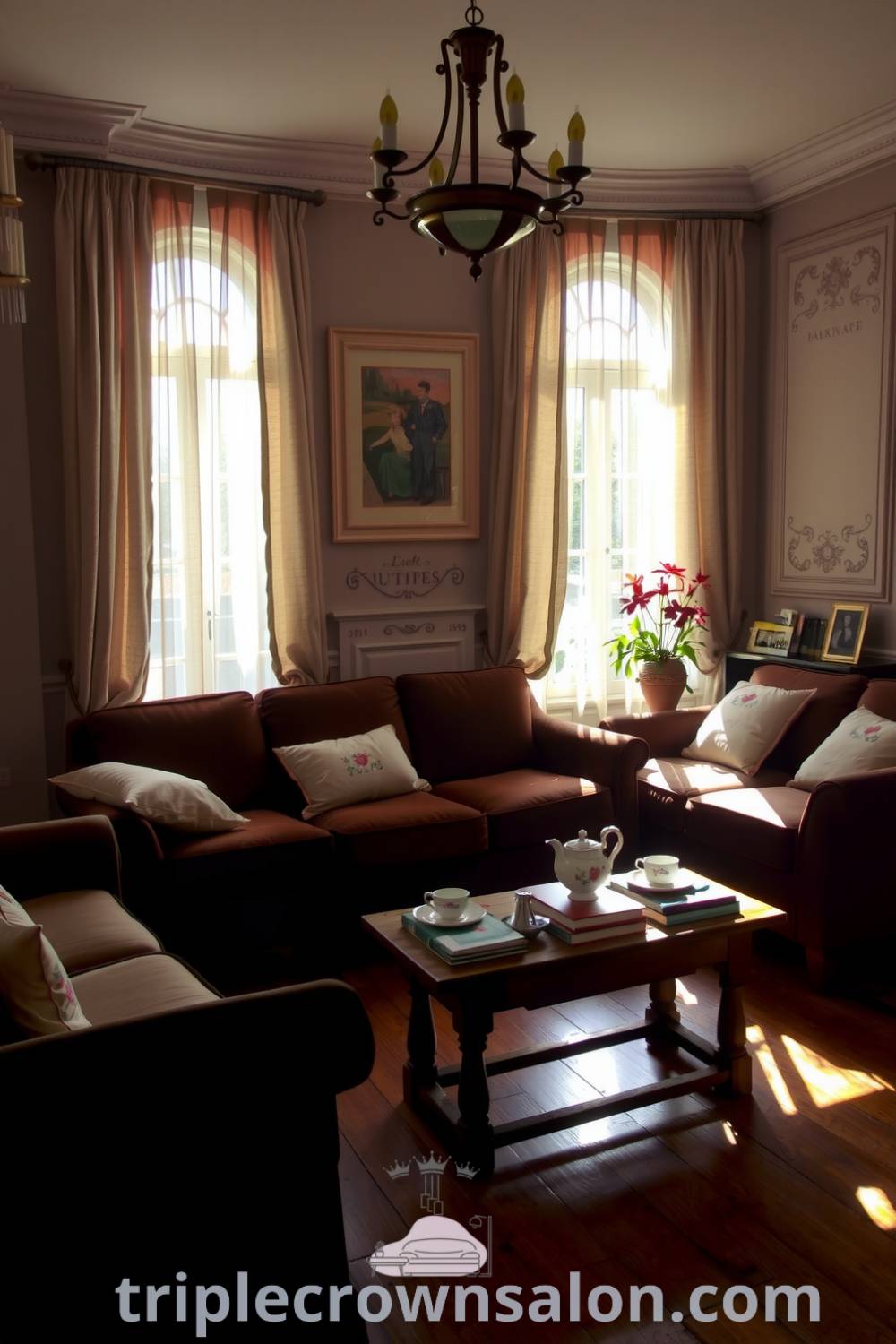Cozy French living room with sunlight filtered through sheer drapes, deep-hued sofas, embroidered cushions, rustic oak coffee table, and elegant chandelier, showcasing timeless decor ideas for a cozy home at triplecrownsalon.com.