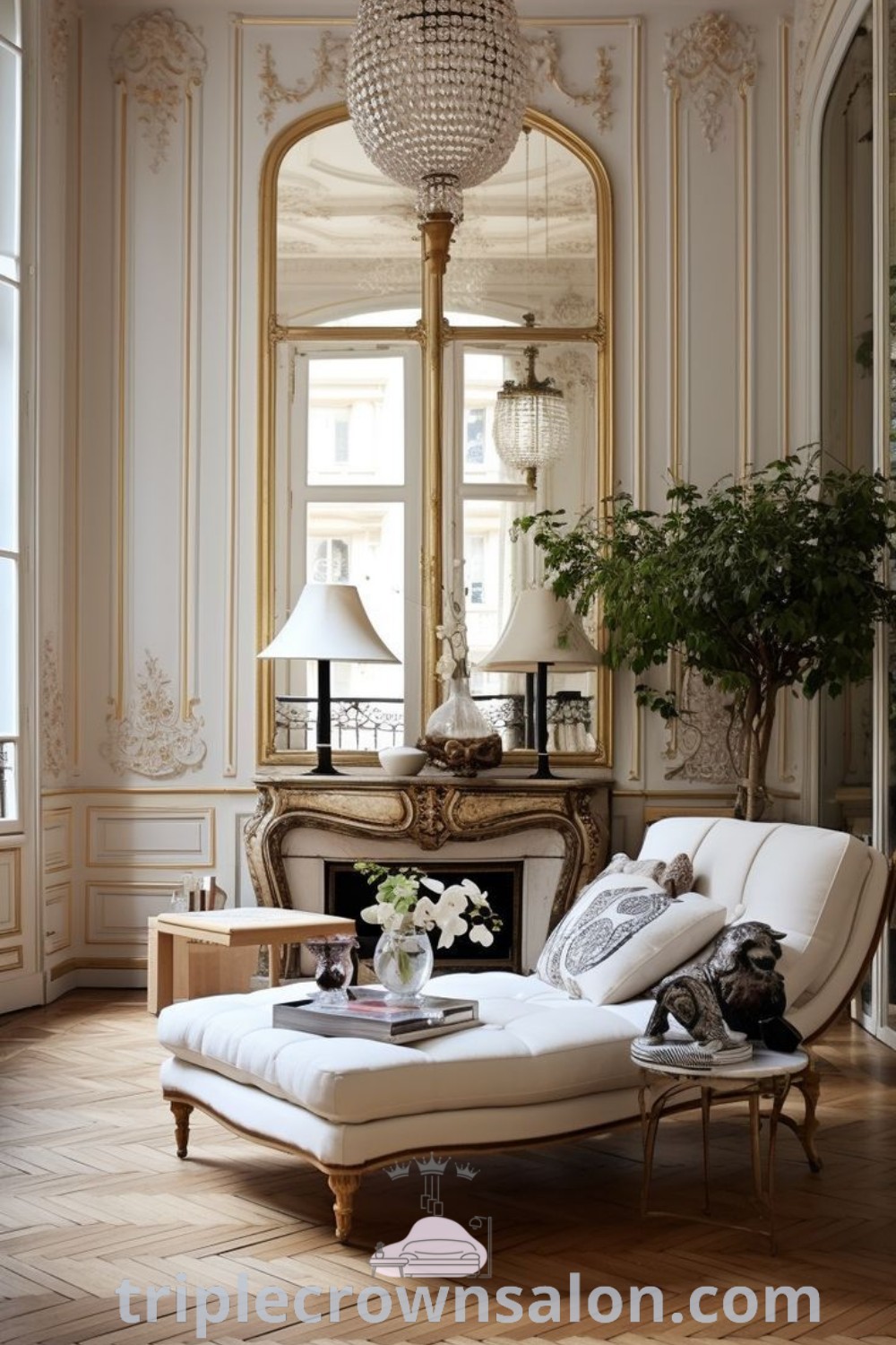 A charming Parisian living room filled with elegant furniture, a stunning chandelier, and cozy decor ideas for small spaces. This French-style interior highlights inspiring design trends and unique ideas for your home. Discover more at triplecrownsalon.com.