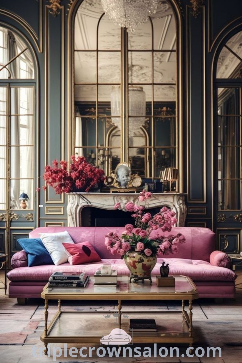 A Parisian style living room featuring elegant pink couches, a coffee table adorned with flowers, and mint green elements, creating a cozy aesthetic. This design offers decor ideas and inspirations for small spaces, showcasing unique ideas for your home at triplecrownsalon.com.