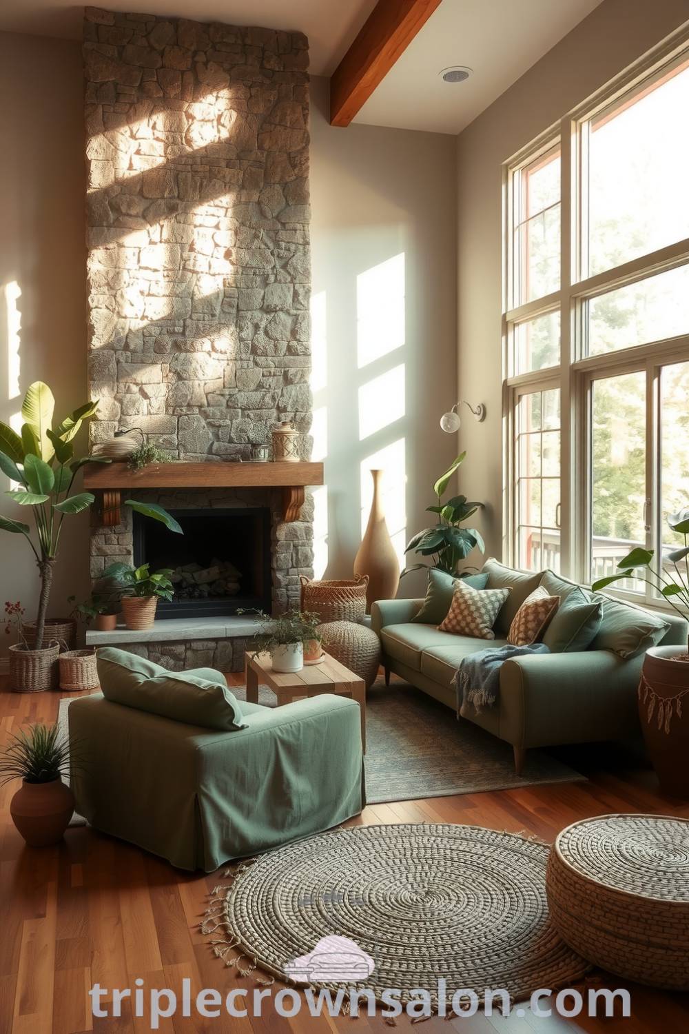 Cozy nature-inspired living room featuring sunlight through large windows, soft earth tones, a stone fireplace, cozy overstuffed sofa, potted plants, and natural woven rugs, creating an inviting atmosphere for relaxation and inspiring decor ideas for small spaces on triplecrownsalon.com.