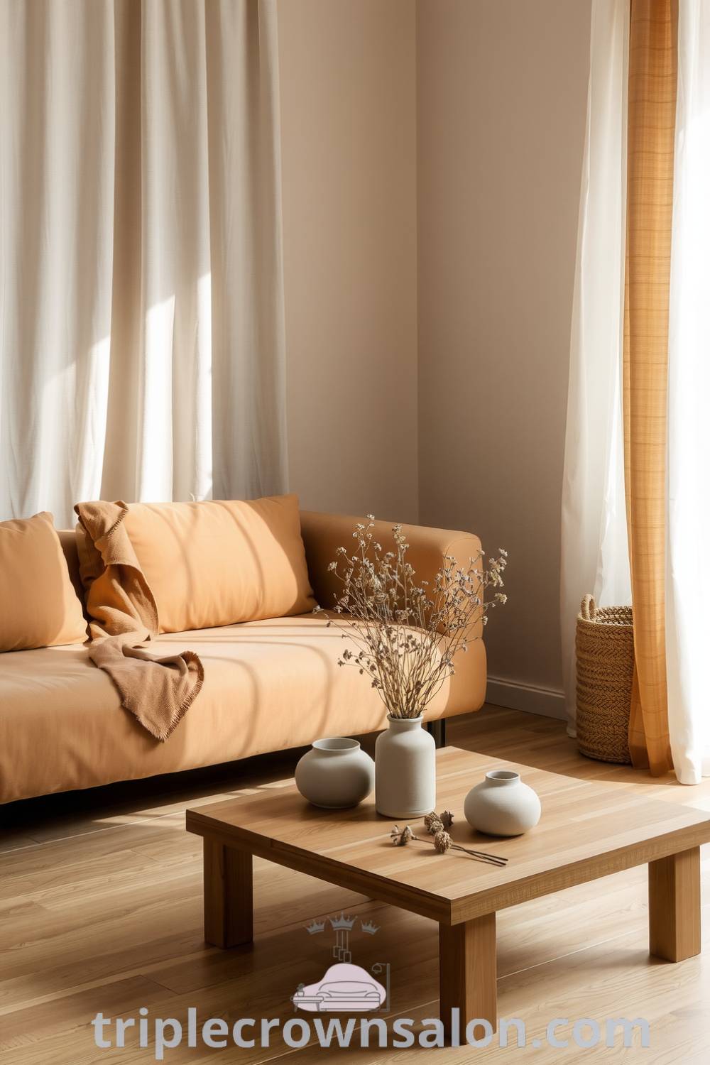 Cozy Japandi living room with a warm atmosphere featuring a plush brown sofa, handmade ceramic vases with dried flowers, natural wooden floors, and soft light filtering through sheer curtains, embodying design ideas for cozy aesthetics at triplecrownsalon.com.