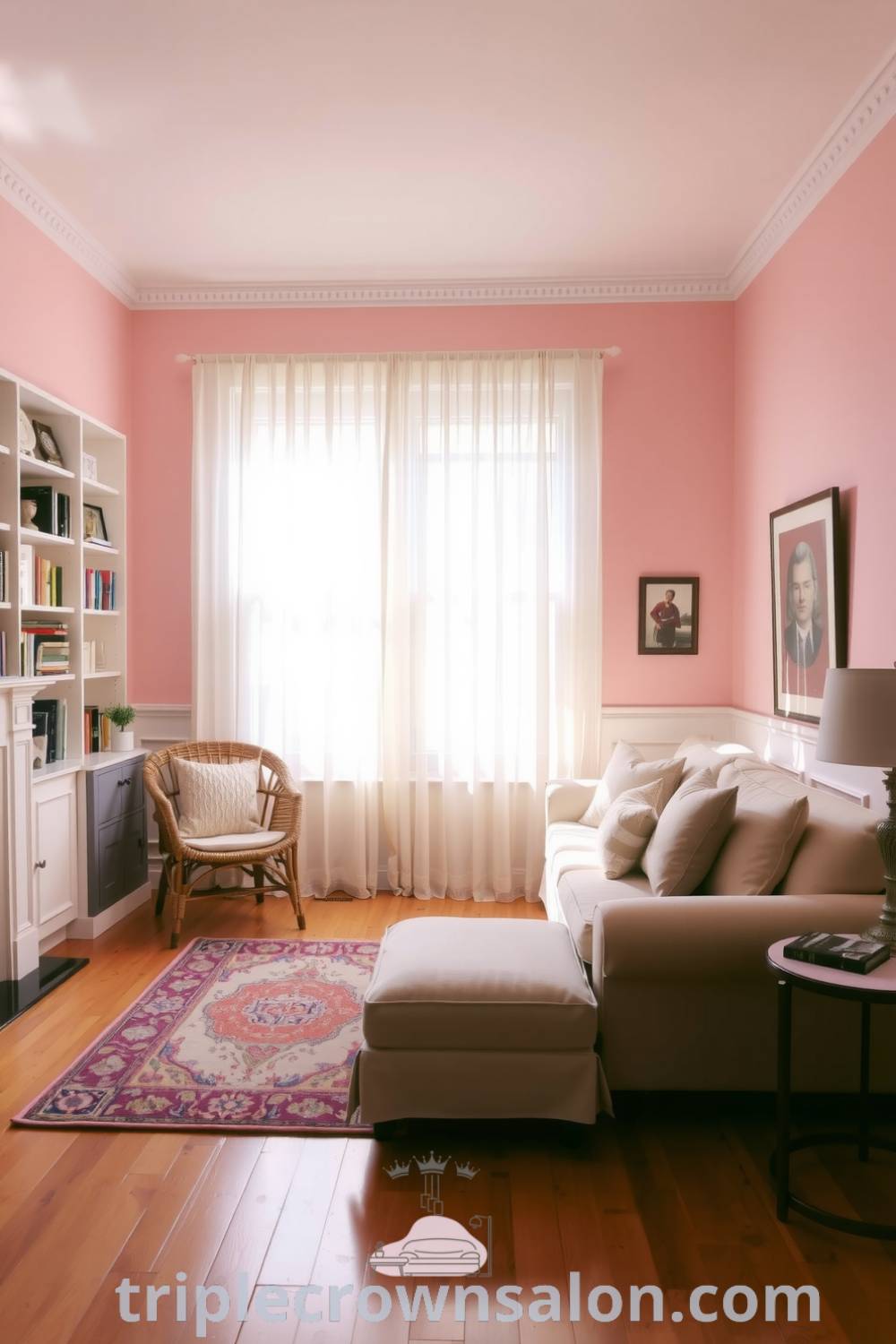 Cozy living room with soft pink walls, a plush sofa, vintage area rug, and sunlight streaming through sheer curtains, accentuated by shelves filled with books and mementos, providing decor ideas and inspirations for creating a cozy home at fireplacesandwoodstoves.com.