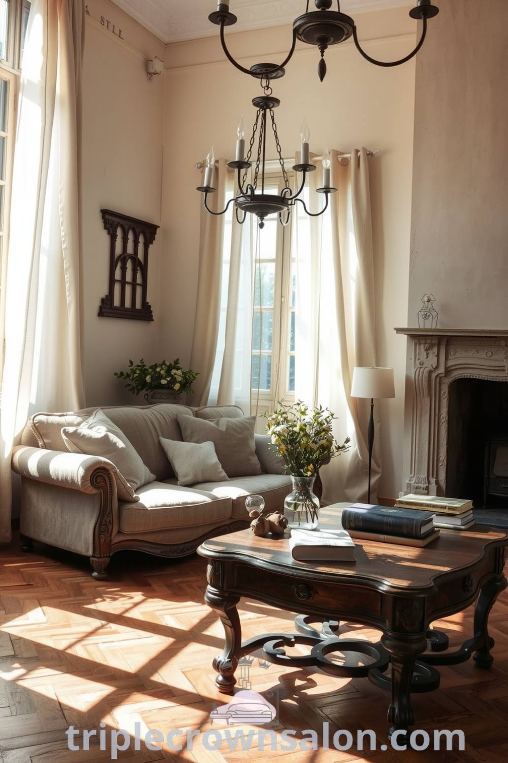 French living room with sheer linen curtains, weathered sofa, plush cushions, ornate wooden coffee table, fresh wildflowers, rustic fireplace, and soft cream walls offering cozy design ideas and inspirations for your home at triplecrownsalon.com.