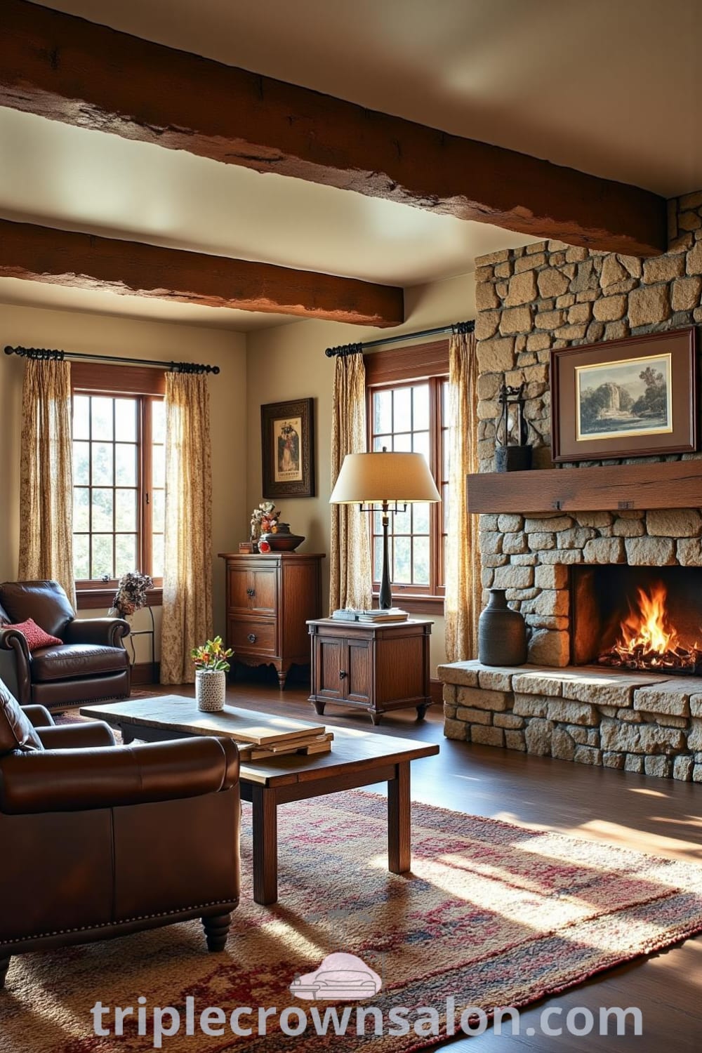 Cozy living room design featuring a leather armchair next to a hand-hewn coffee table, wooden beams, and a rough stone fireplace, creating an inviting and warm atmosphere, perfect for gatherings, with decor ideas from fireplacesandwoodstoves.com.