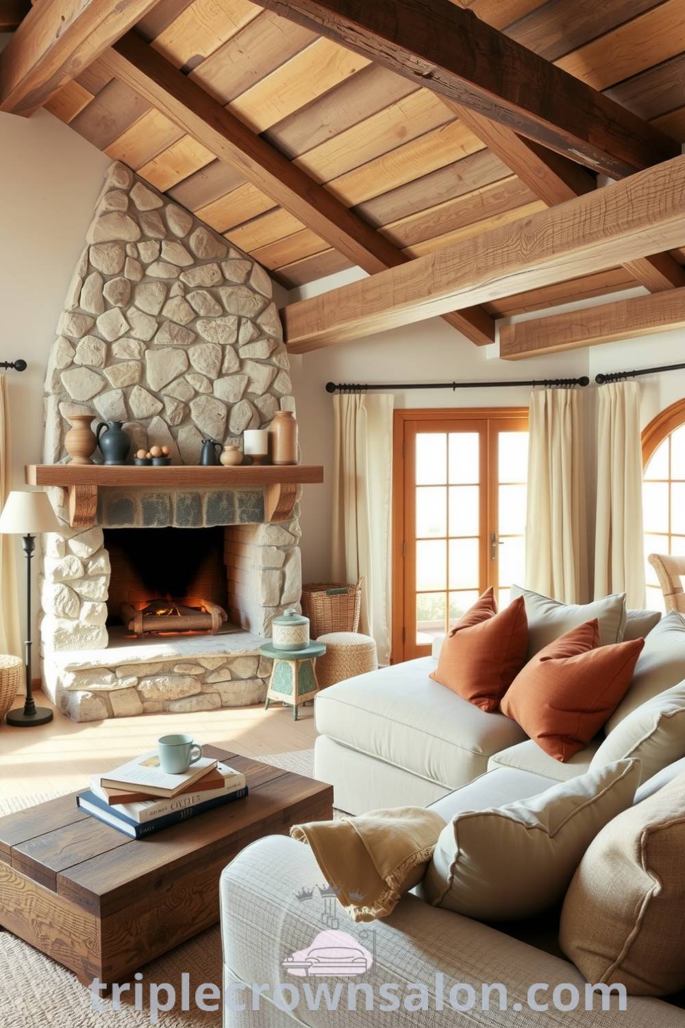 Rustic living room featuring a stone fireplace, natural textures, mismatched cushions, reclaimed wood coffee table, and soft lighting, creating a cozy aesthetic perfect for relaxation. For more cozy design ideas, visit triplecrownsalon.com.