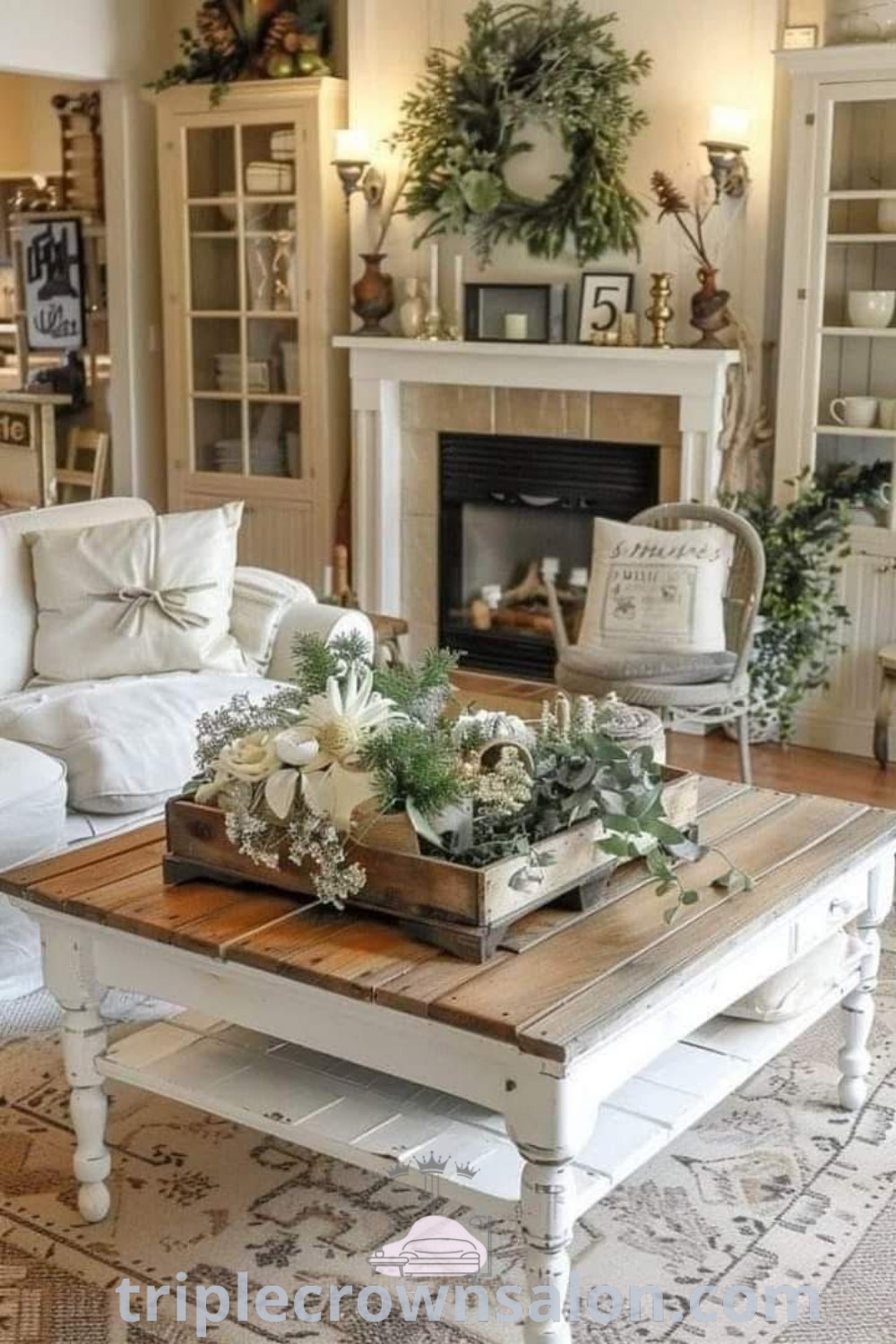 A cozy cottage-style living room featuring a fireplace and charming furniture, embodying Cottage French Country decor with warm textiles and inviting aesthetics. This image offers inspiring decor ideas for creating a cozy home. Discover more unique ideas for your home at triplecrownsalon.com.