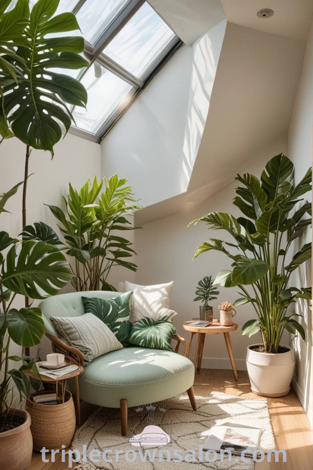 An inviting indoor jungle living room filled with various green plants, showcasing cozy ideas and inspiring decor ideas for small spaces. This design emphasizes the aesthetic and functional benefits of plants in your home. Discover more unique ideas at triplecrownsalon.com.