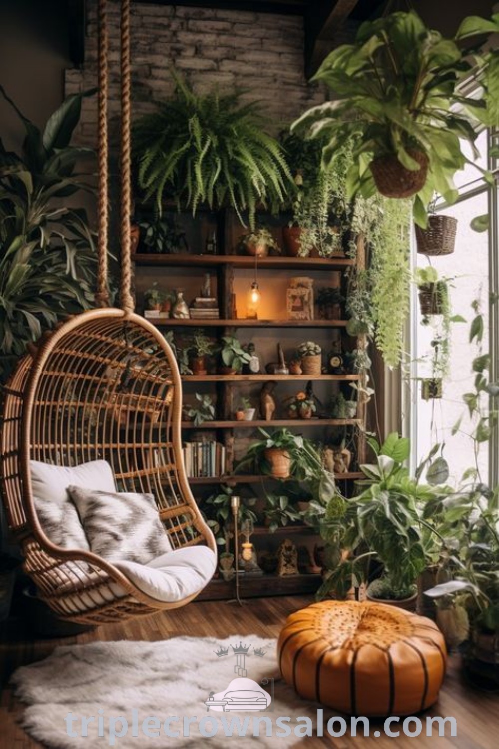 A cozy plant room filled with various house plants, hanging chairs, and a decorative rug, creating an inviting atmosphere. This design showcases unique ideas for indoor plant decor and emphasizes the cozy home aesthetic. Explore more decor inspirations at triplecrownsalon.com.