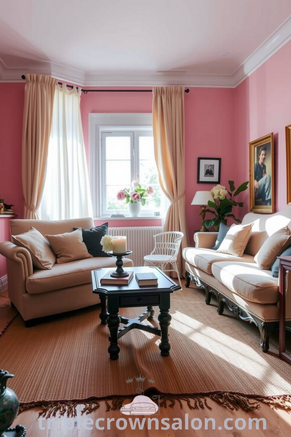Cozy pink living room featuring plush sofas, mismatched cushions, a handwoven rug, and an antique wooden coffee table adorned with books and a flickering candle, all contributing to a warm and inviting atmosphere, with decor ideas from fireplacesandwoodstoves.com.