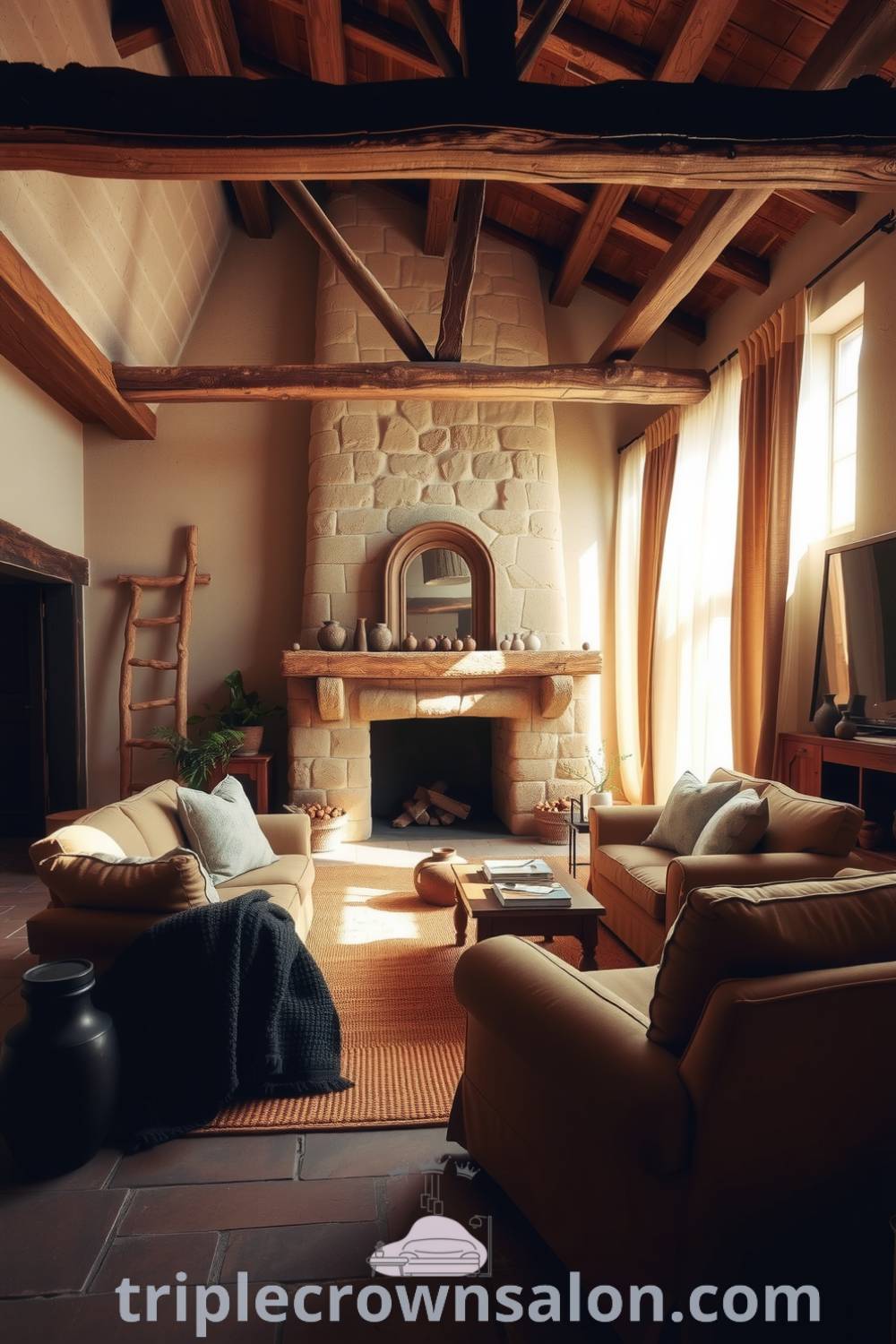 Cozy rustic living room featuring rough wooden beams, a stone fireplace, soft earthy-toned furniture, and woven rugs, with rustic decor pieces like handmade pottery, perfect for creating a warm atmosphere. Visit triplecrownsalon.com for more cozy ideas and decor inspirations.