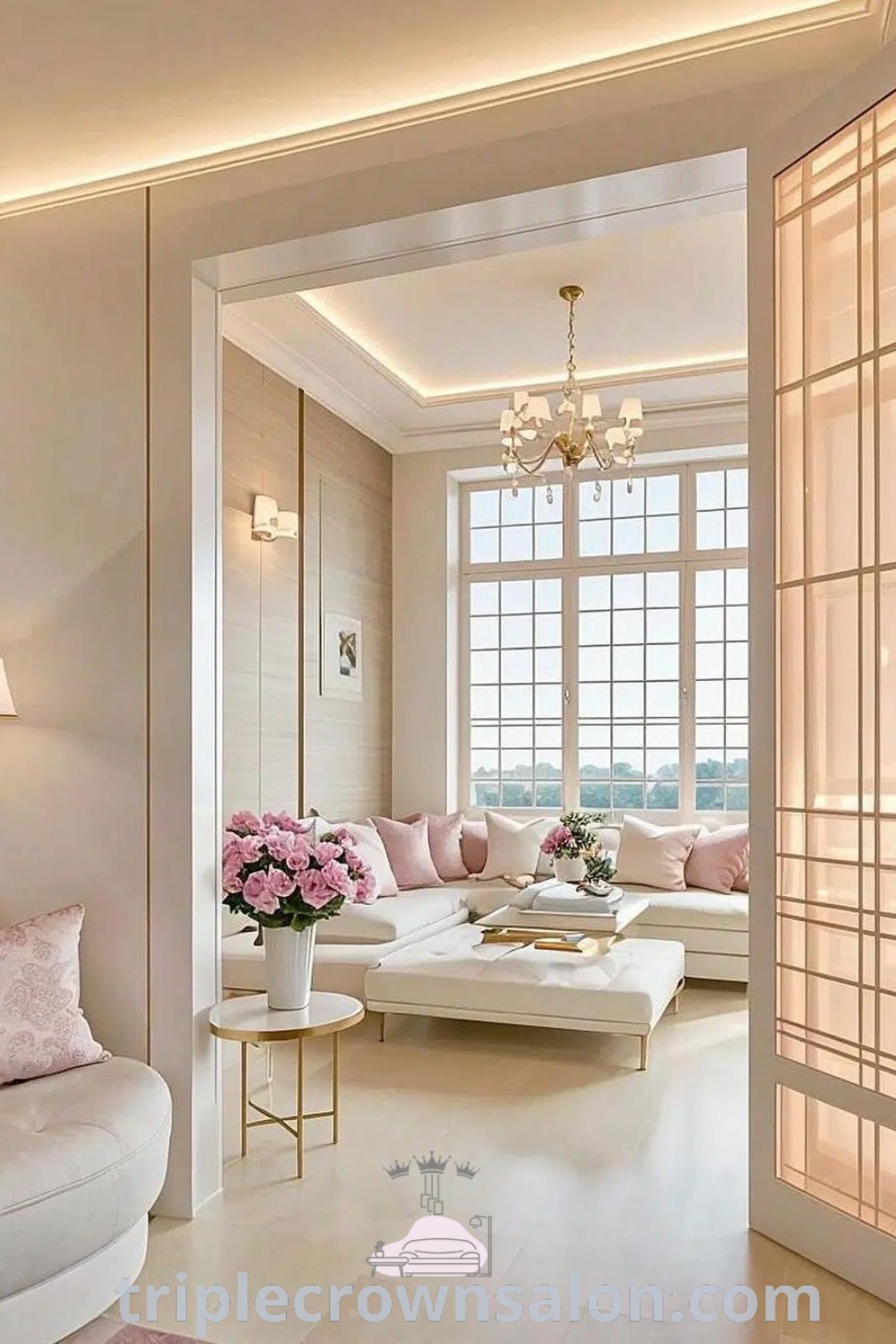 A stylish living room filled with inviting furniture and a dazzling chandelier, showcasing light decor and luxurious design ideas. This space exemplifies interior inspiration for your own home, featuring cozy elements and unique decor ideas. Discover more at wellnesswink.com.